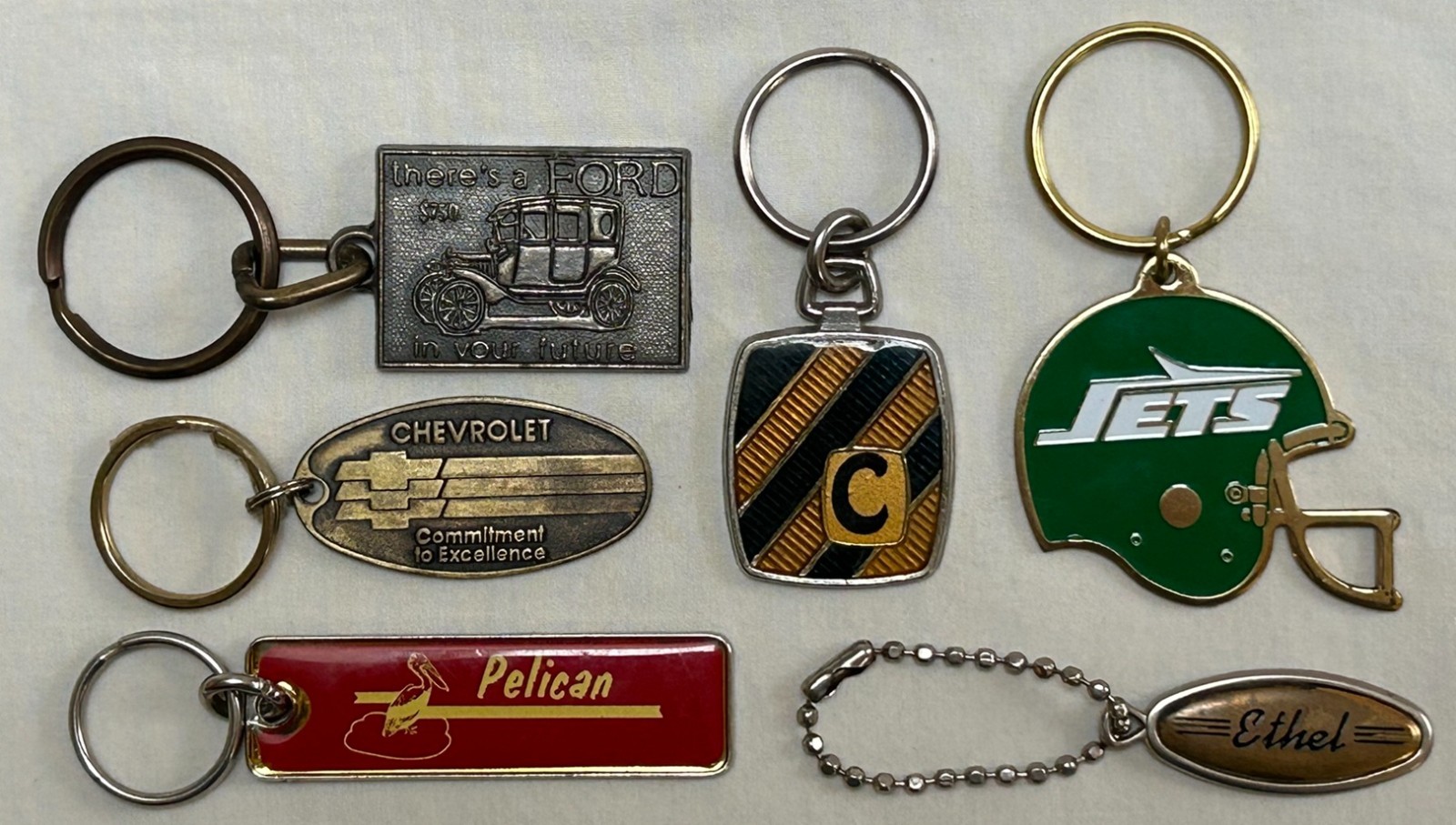 Lot of 6 Vintage Keychains Ford, Chevrolet, Pelican, New York Jets, Ethel Lot of 6 Vintage Keychains Ford, Chevrolet, Pelican, New York Jets, Ethel