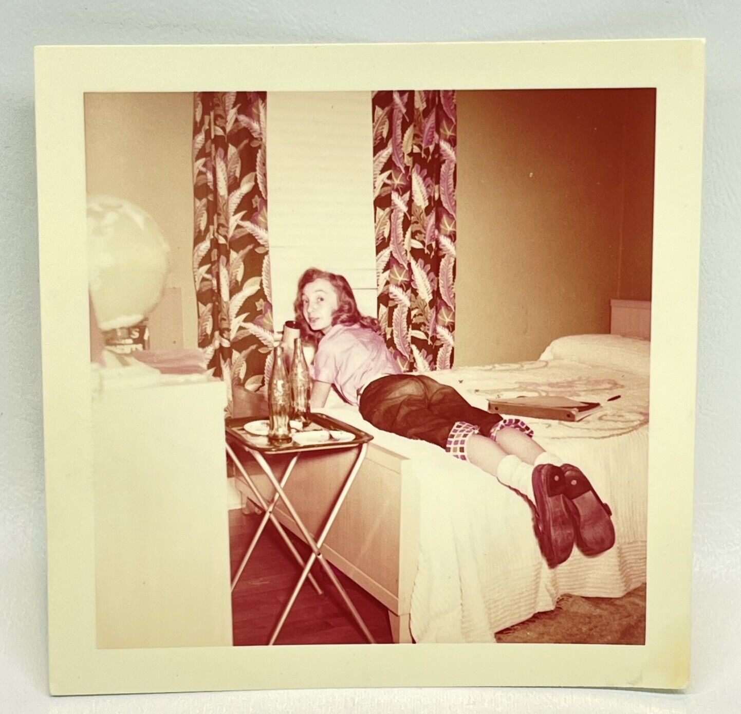 Vtg 1950s Photo Teenage Girl Bobbi Socks Loafers Barkcloth TV Tray Coke Bottles