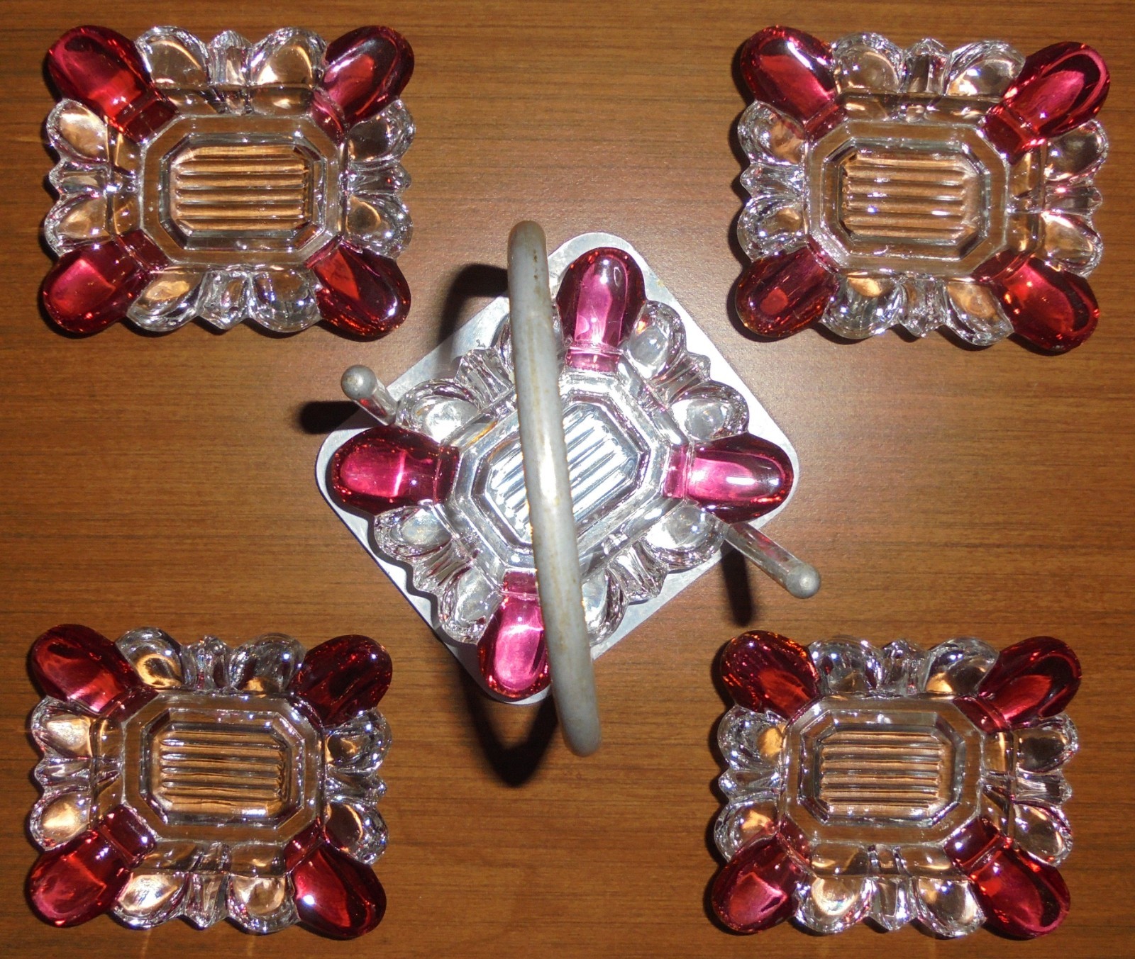 VTG Westmoreland Cranberry Flash Stackable Ashtray Trinket Dish Set of 5 w/Caddy