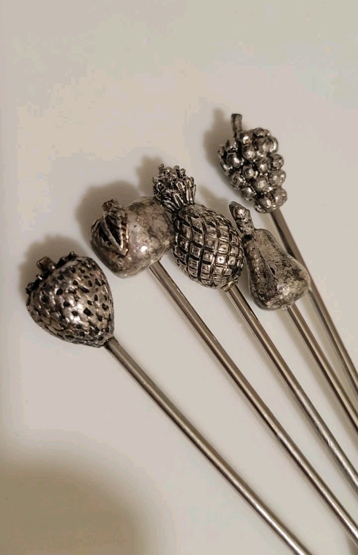 🤩 Vintage Metal Cocktail Appetizer Forks Picks Set of 5 Fruit Top Barware Cute