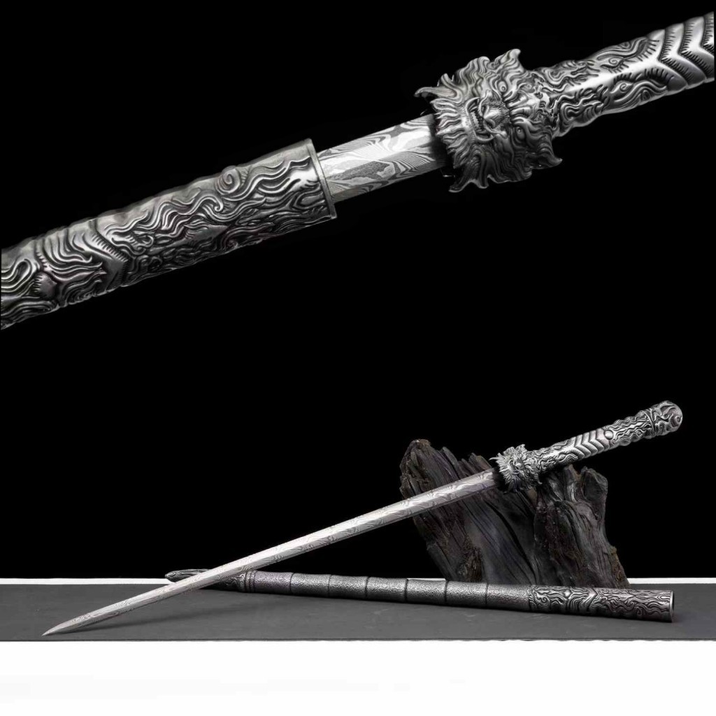 Damascus Folded Steel Cane Sword Metal Walking Stick Display Prop KongFu Stick