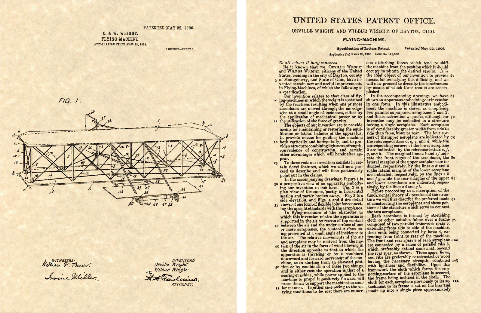 WRIGHT FLYER US PATENT of AIRPLANE Art Print READYTO FRAME Brothers Orville