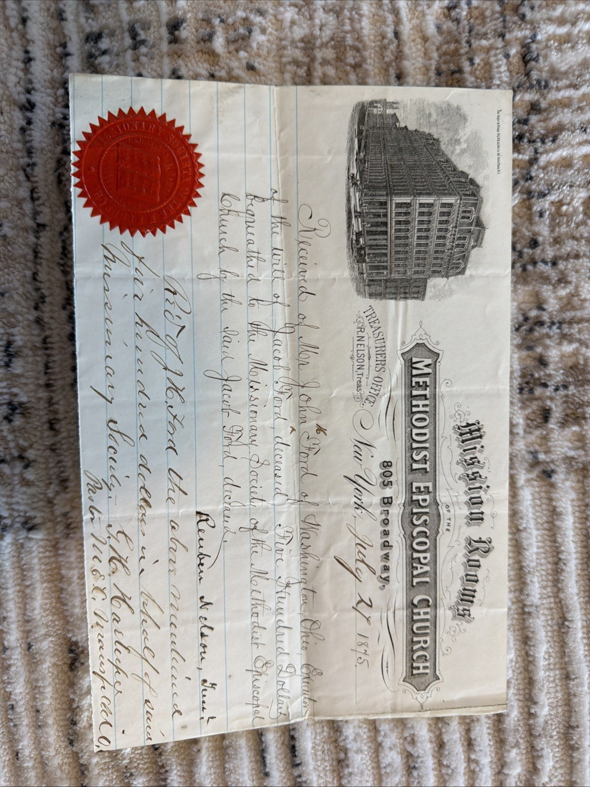 1875 Methodist Episcopal Church Missionary Society Bequest Receipt NYC Red Seal 1875 Methodist Episcopal Church Missionary Society Bequest Receipt NYC Red Seal