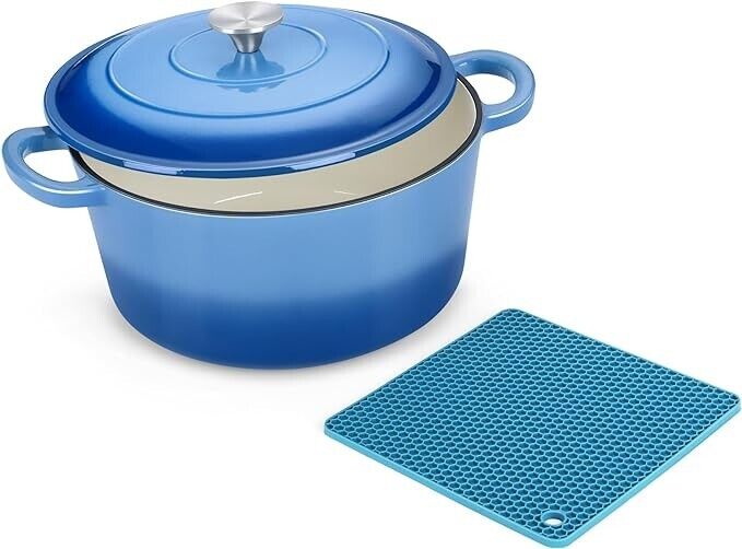 6 Quart Enameled Cast Iron Dutch Oven with Lid and Silicone Trivet Mat,blue
