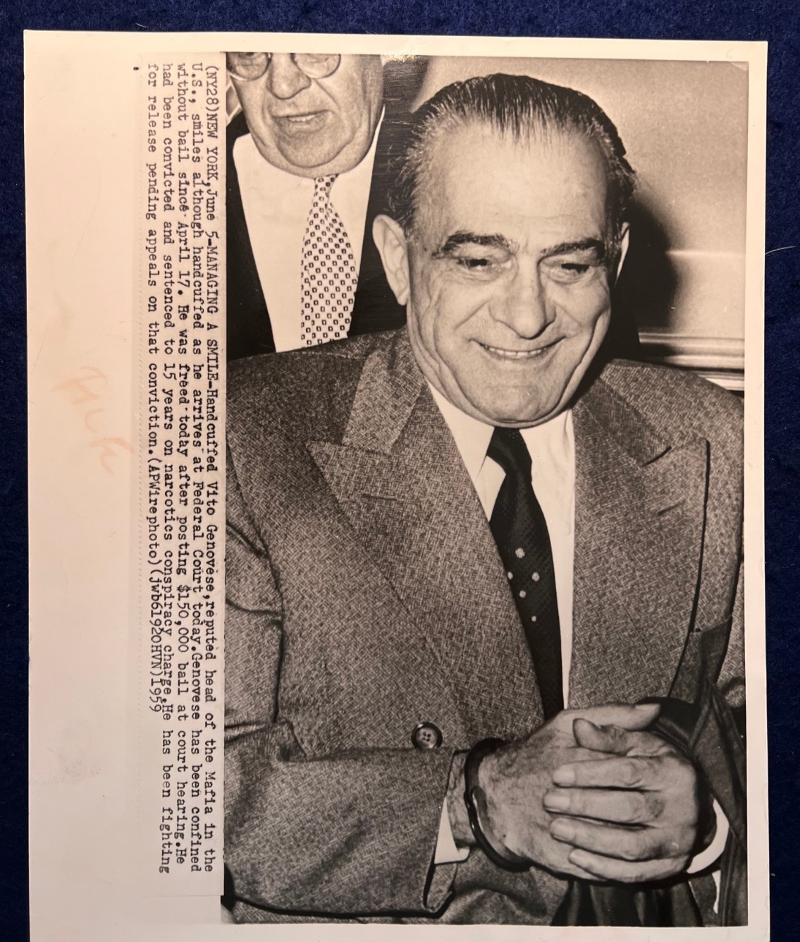 Original 1959 Vito Genovese Press Photo Smiling Handcuffed Mafia Boss Gangster Original 1959 Vito Genovese Press Photo Smiling Handcuffed Mafia Boss Gangster