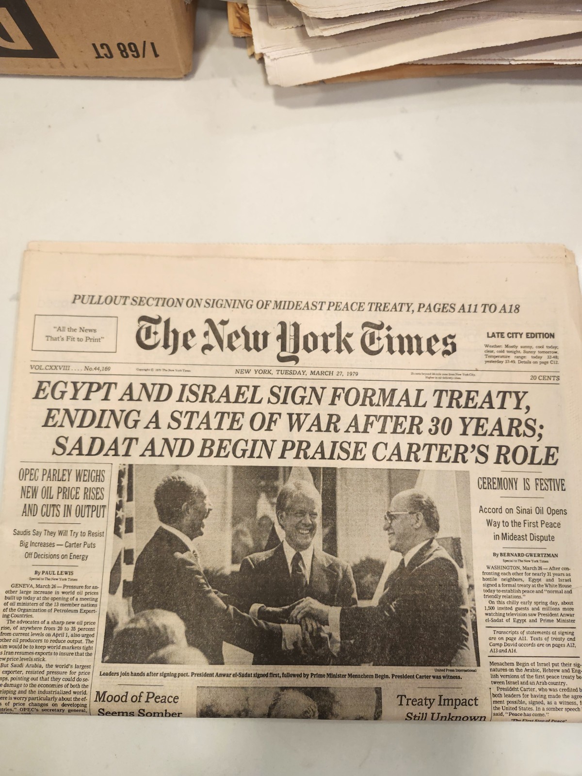 Egypt & Israel Sign Formal Treaty New York Times March 27 1979 WORN Sadat Begin