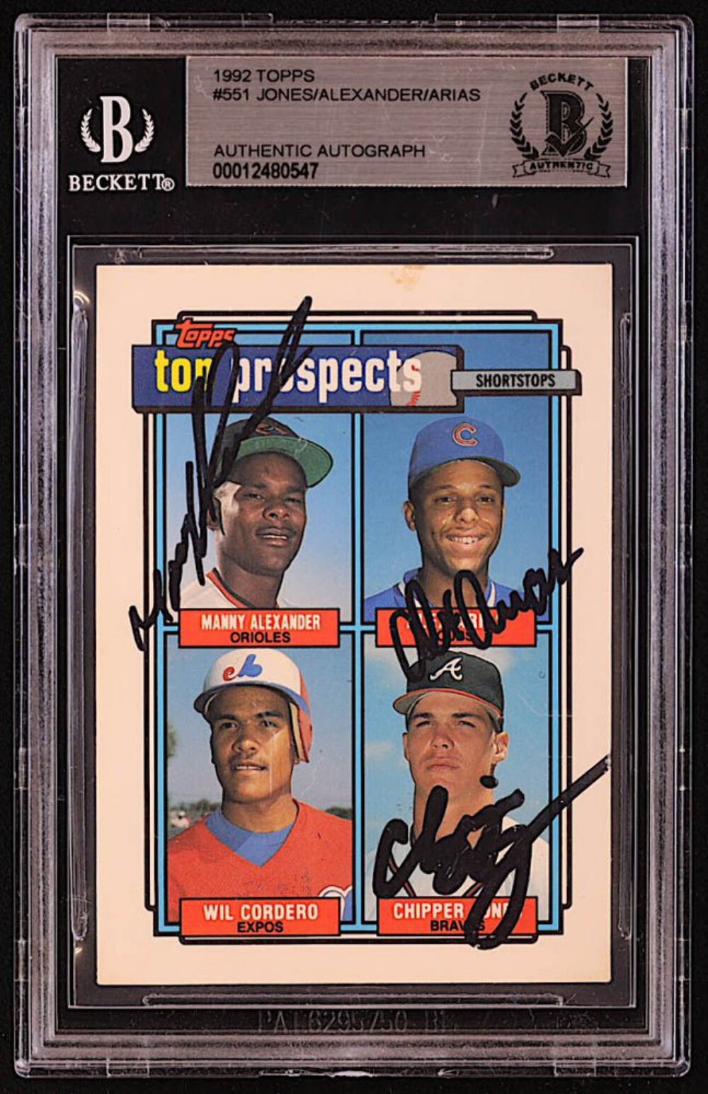 Chipper Jones, Manny Alexander & Alex Arias Signed 1992 Topps #551 Wilfredo Cord
