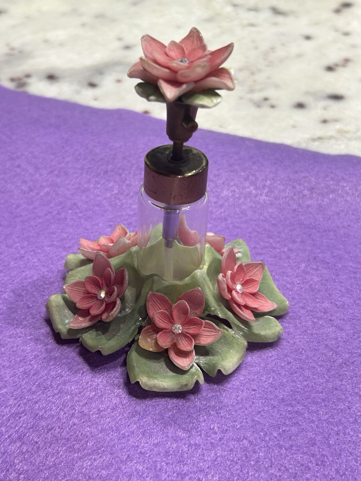 Vintage Floral Perfume Bottle Pink Flowers Rhinestone Glass Vanity Decor On Mark