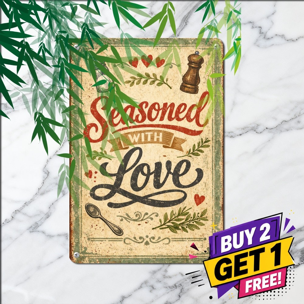 This Kitchen Is Seasoned With Love Family Cooking Plaque Metal Tin Sign