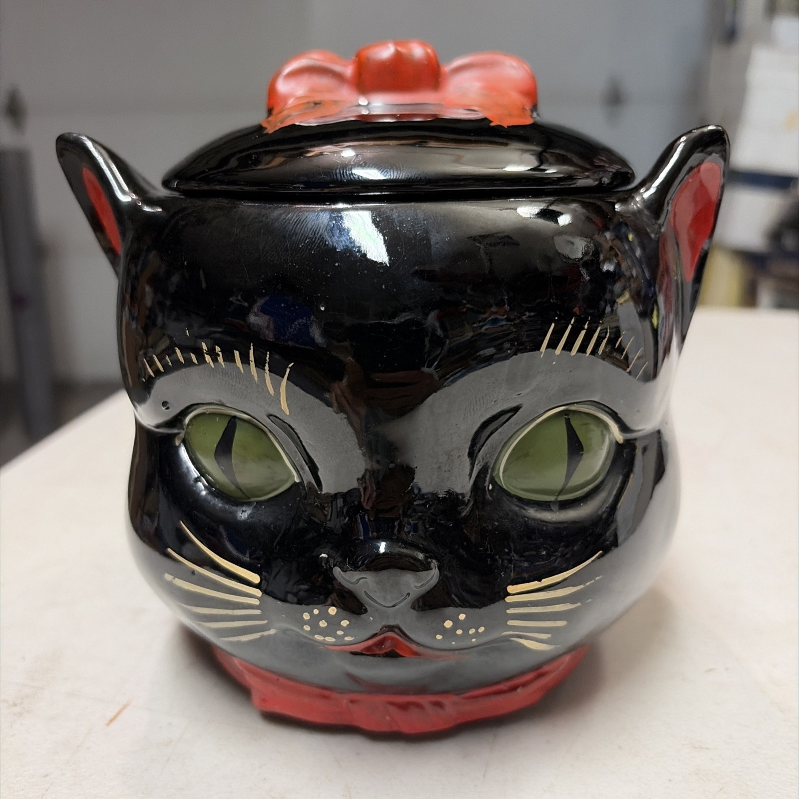 Vintage SHAFFORD Black Cat COOKIE JAR Green Eyes Redware Pottery Japan 1950’s