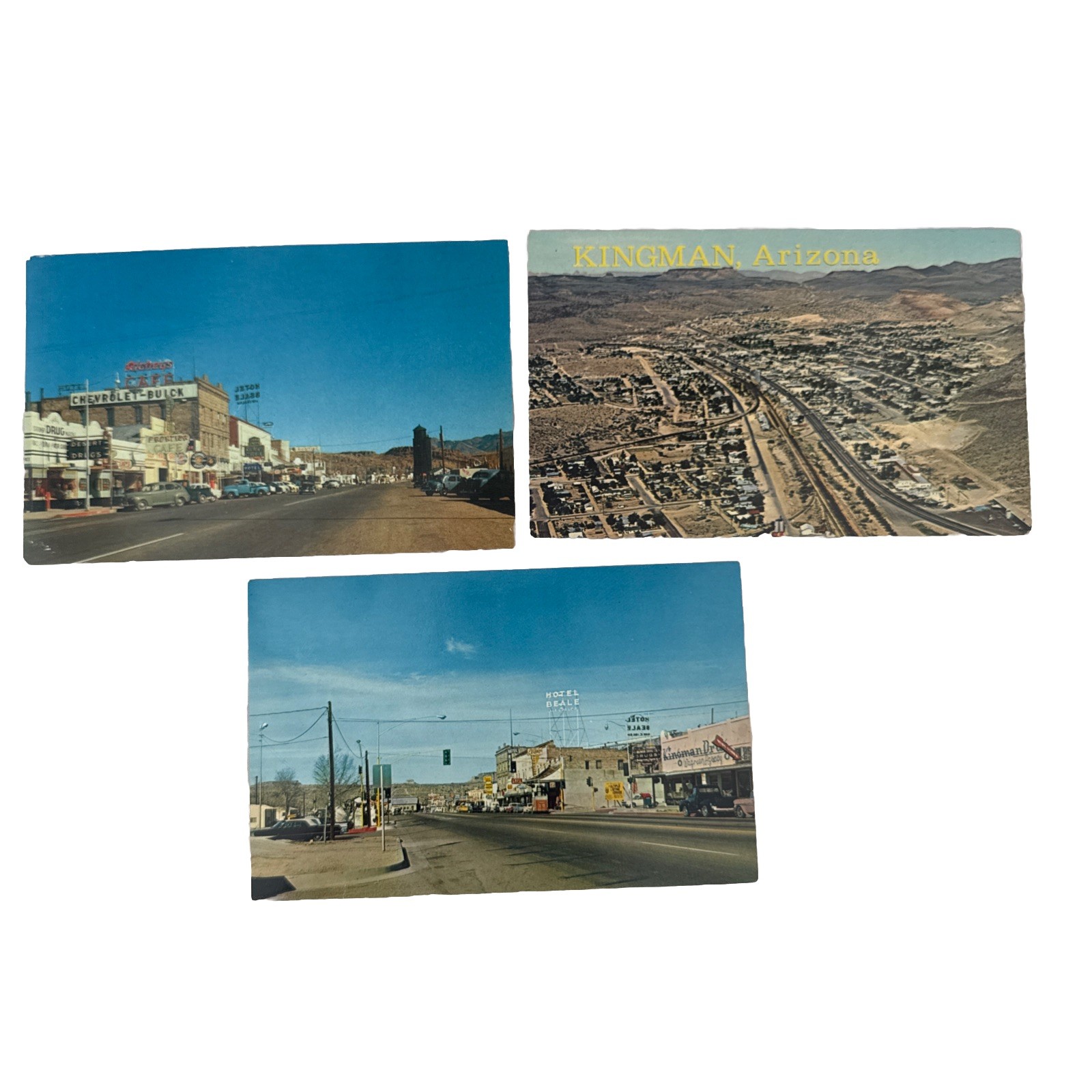 3 Pc. Lot VTG Kingman Arizona Postcard Route 66 Drug Store Cafe Chevrolet Buick