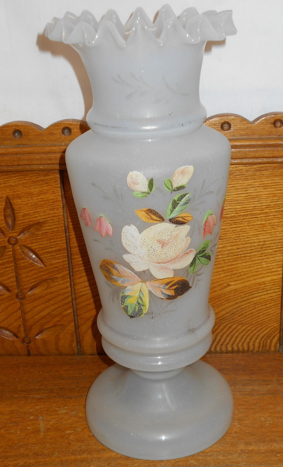 Old / Vintage Floral Painted Bristol Glass Vase - 12 1/2\