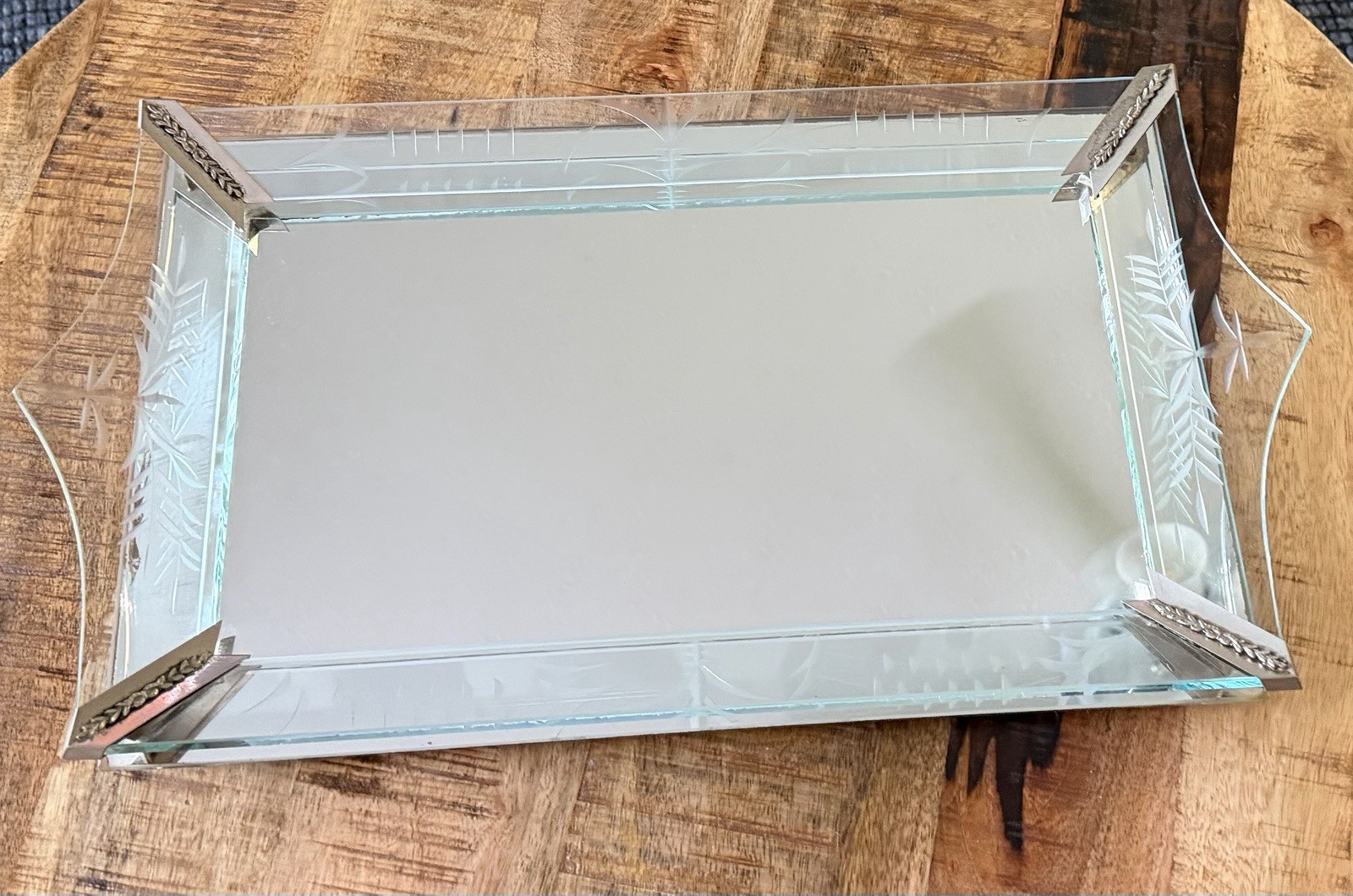 Vintage 1930s Art Deco Venetian etched mirror serving and vanity tray Vintage 1930s Art Deco Venetian etched mirror serving and vanity tray