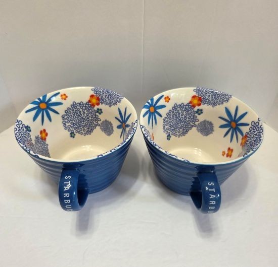 Set 2 Starbucks Coffee Company Mug Blue Ribbed 12oz Bright Floral Design 2007 Set 2 Starbucks Coffee Company Mug Blue Ribbed 12oz Bright Floral Design 2007