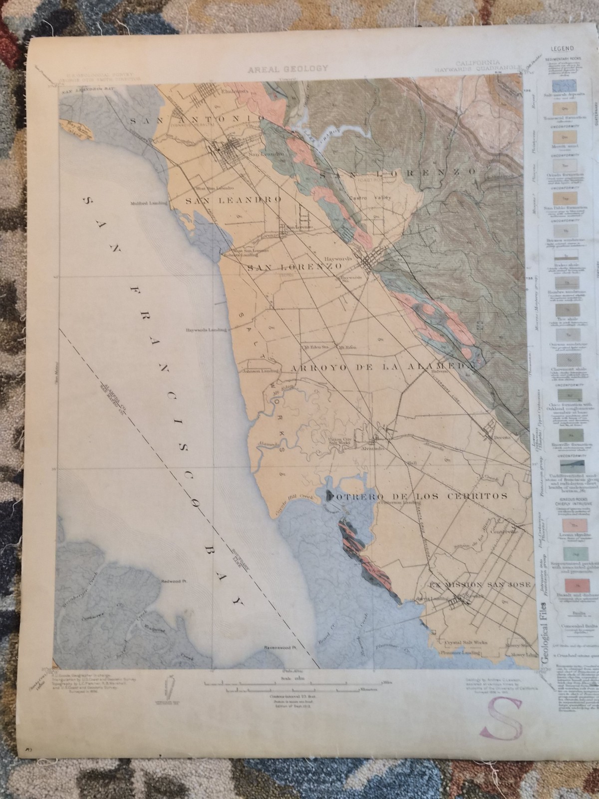 Antique 1913 USGS Hayward Quadrangle Geological Map California Cloth Backed San