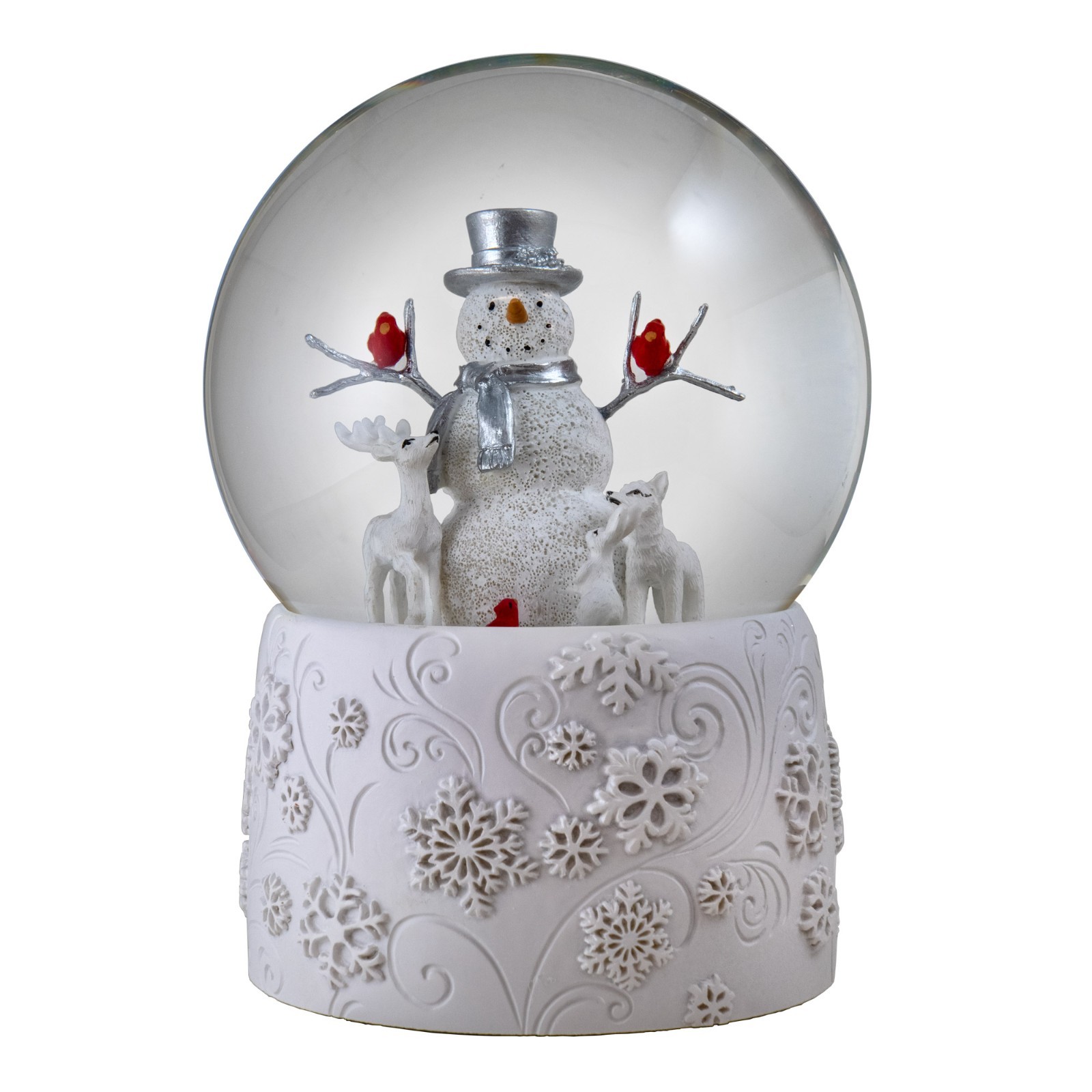 Snowman with Cardinals and Friends Snow Globe by The San Francisco Music Box