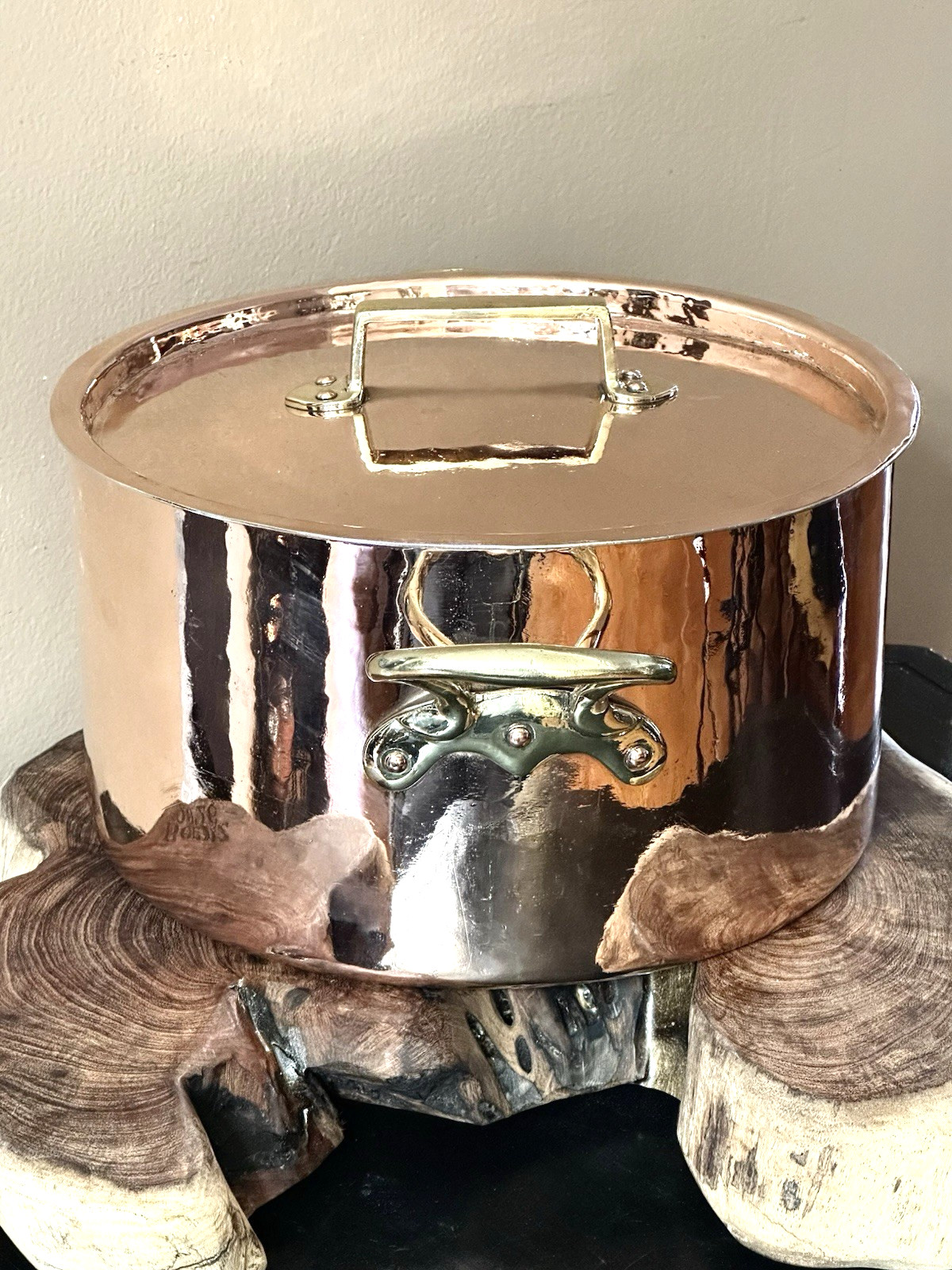 Stunning Antique French Hammered 12” Copper Stew / Stock Pot Pan Tin Unmarked