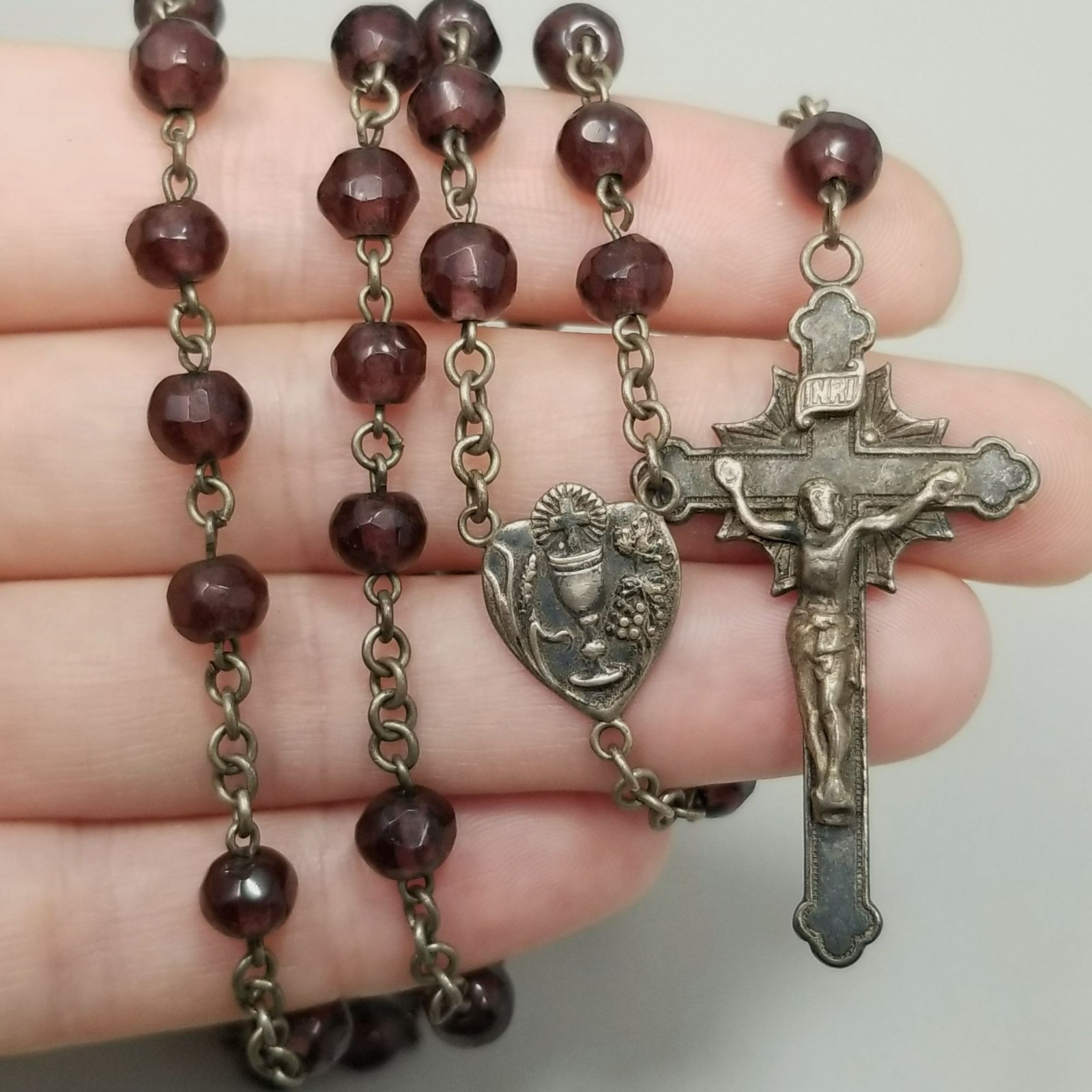 Vintage Sterling Silver Purple Red Glass Bead Rosary Pray Necklace 24 Inch