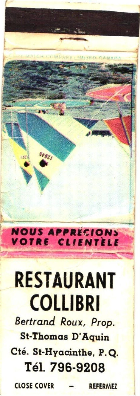 Restaurant Collibri St-Hyacinthe Quebec Vintage Matchbook Cover 1960s-70s