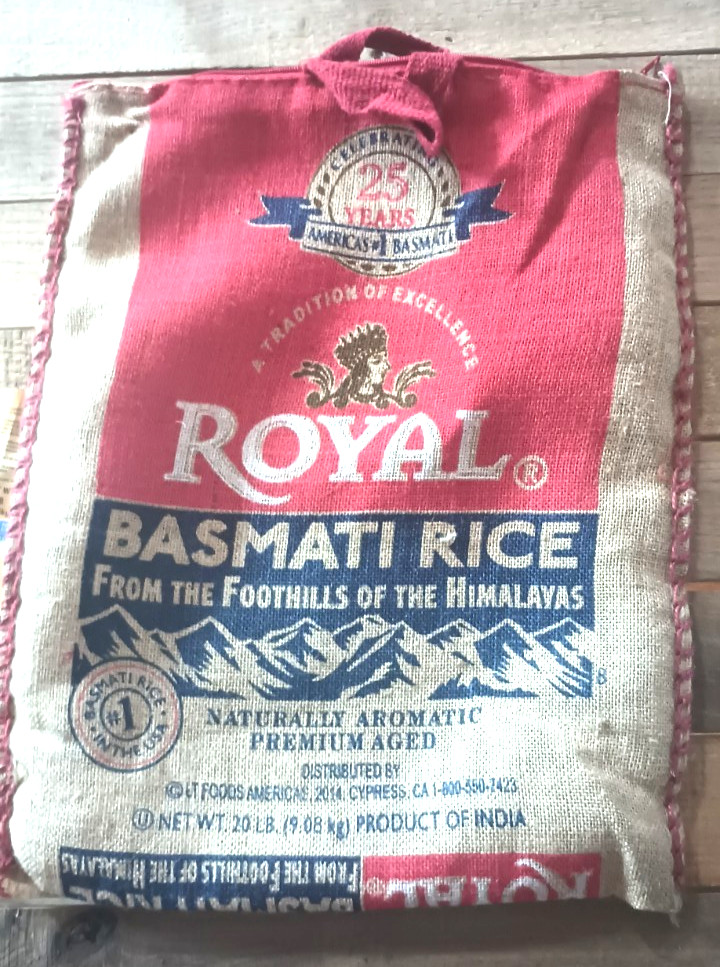 New Royal Basmati Rice Burlap Bag (Empty) 25th Anniversary 20 lb Zipper Handles
