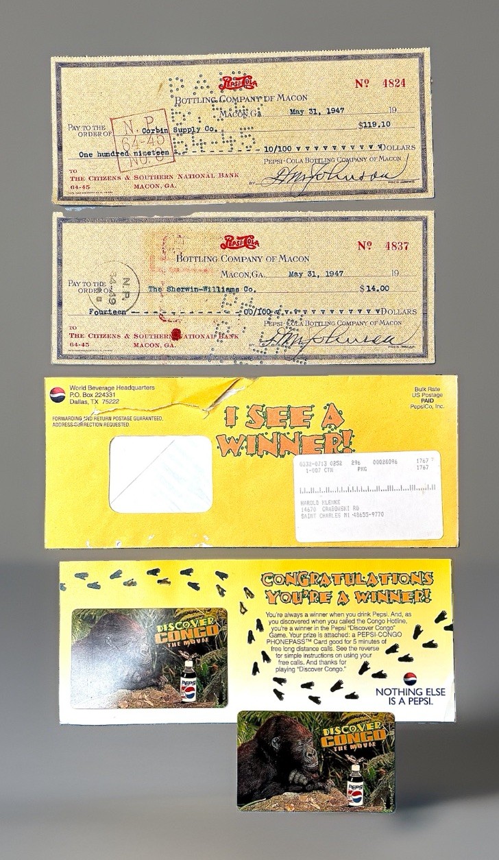 Vintage Pepsi Cola Memorabilia Lot 1947 Macon GA Checks & 1995 Congo Promo Set Vintage Pepsi Cola Memorabilia Lot 1947 Macon GA Checks & 1995 Congo Promo Set