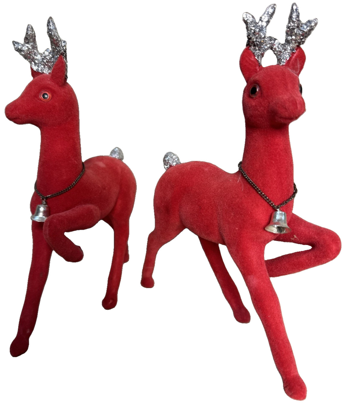 2 VTG 1950's CHRISTMAS REINDEER~RED FLOCKED/FELT W/SILVER GLITTER ANTLER~JAPAN 2 VTG 1950's CHRISTMAS REINDEER~RED FLOCKED/FELT W/SILVER GLITTER ANTLER~JAPAN