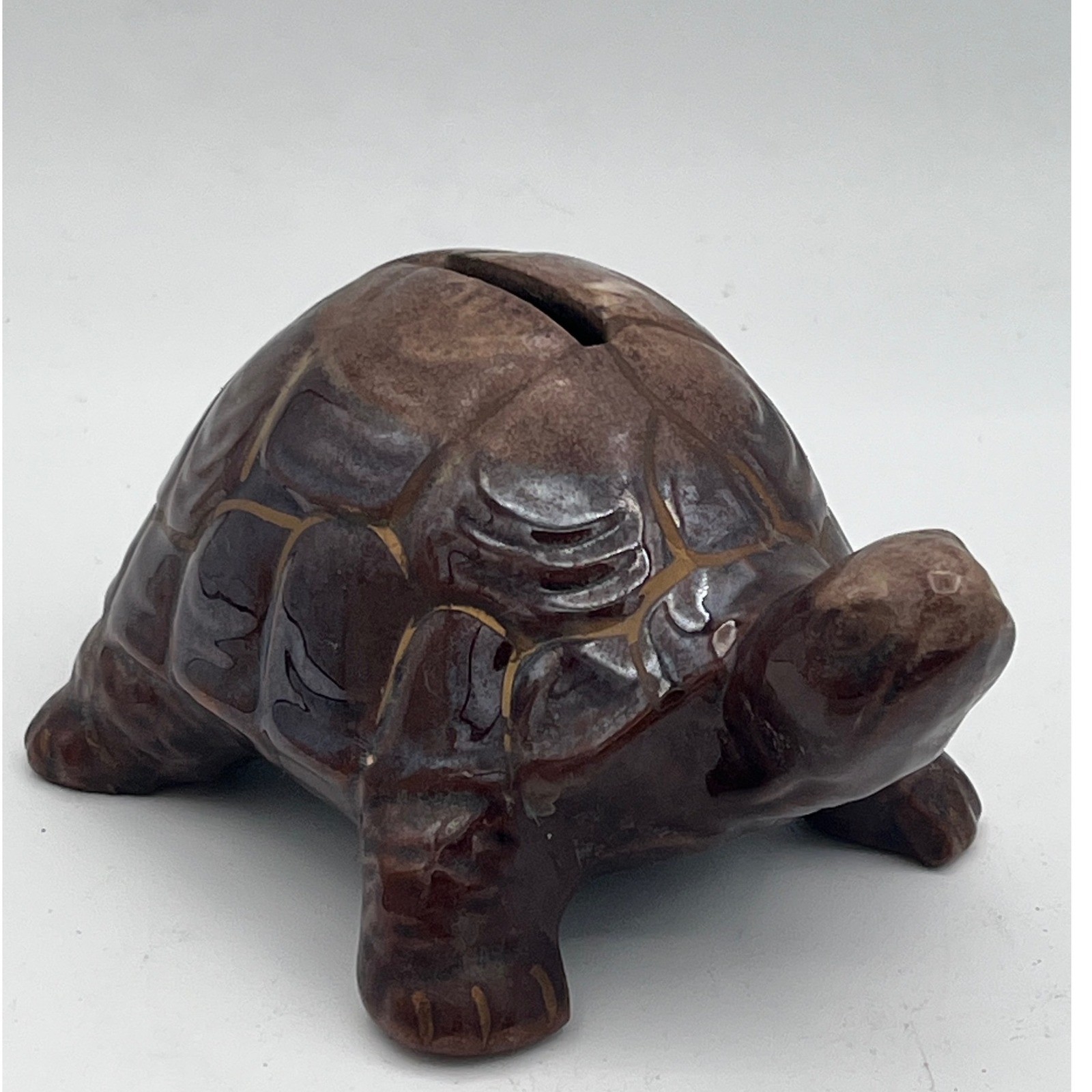Vtg Mid Century Ceramic Turtle Bank, Redware Drip Glaze Japan, Brown Pottery
