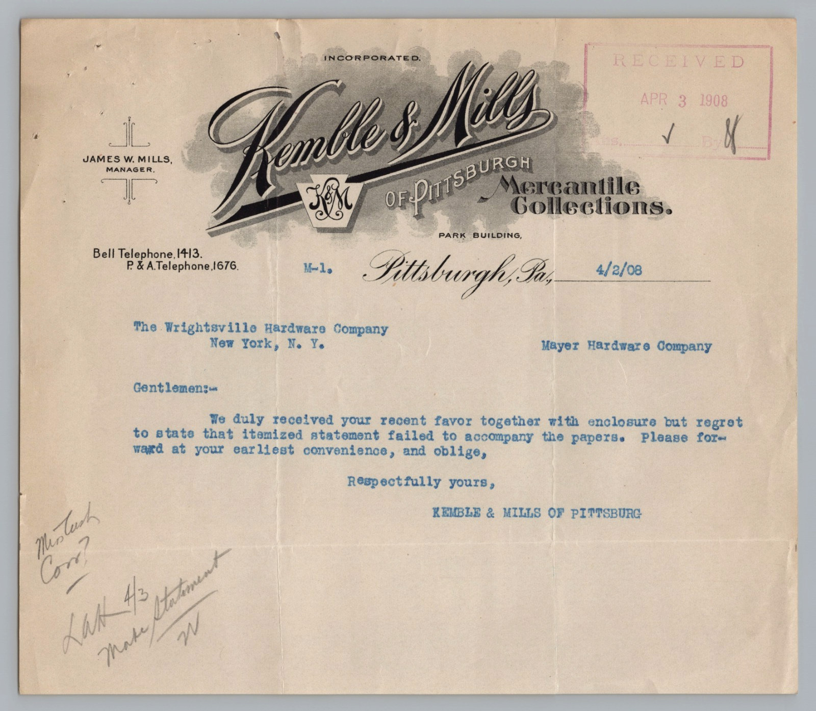 1908 Pittsburgh PA Billhead Letterhead Kemble Mills Mercantile Collections 1908 Pittsburgh PA Billhead Letterhead Kemble Mills Mercantile Collections