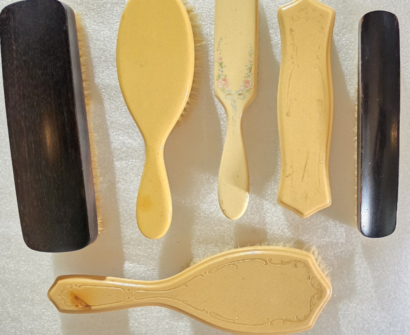 Antique Vintage Real Ebony Victorian Faux Ivory Decorative Brush With Trays Lot