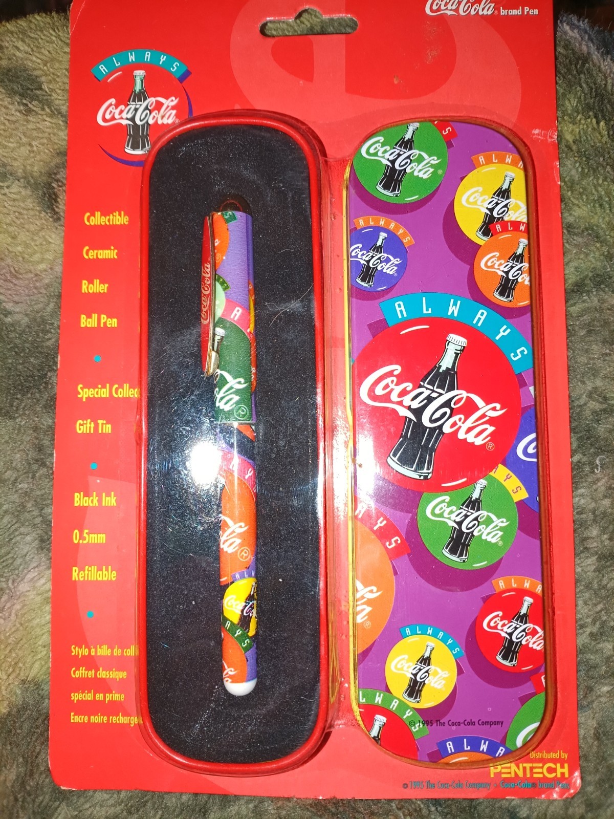 Vtge. 1995 Coca-Cola Ceramic Roller Ball Pen Gift Tin Black Ink 0.5mm Refillable