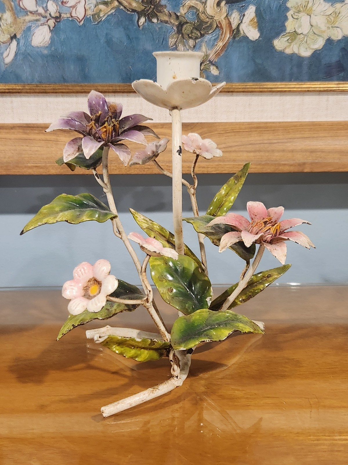 Vintage Italian Tole Toleware Metal Flowers Leaves Candle Holder