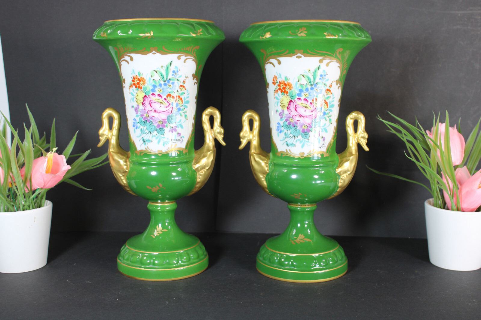 PAIR vintage french porcelain de couleuvre marked swan handle vases 