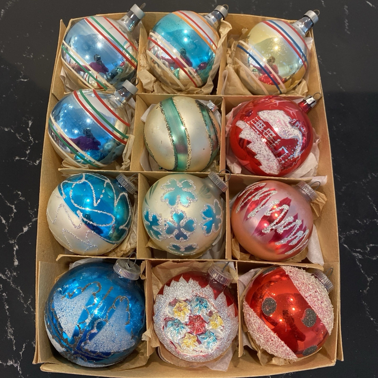 Vintage Mercury Glass Christmas Ornaments Mica Indent Cabin Stripes Mix Set 12 Vintage Mercury Glass Christmas Ornaments Mica Indent Cabin Stripes Mix Set 12