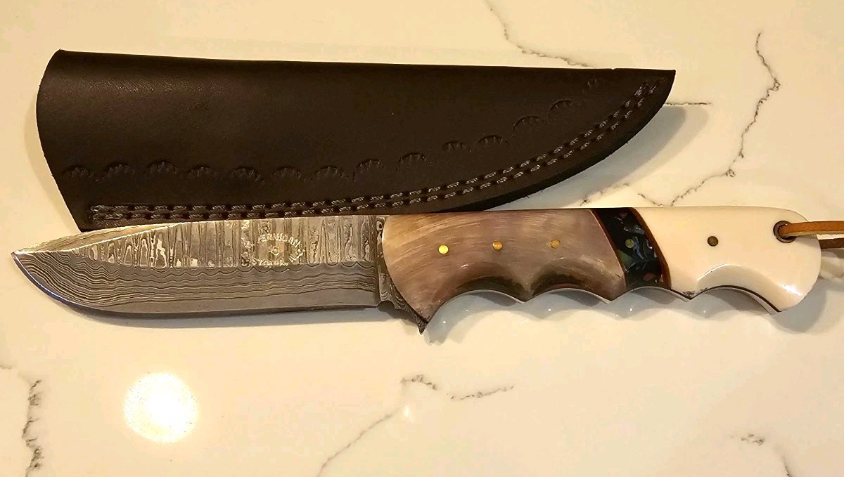 Maurice Jernigan Hand Forged Ladder Damascus Fixed Blade Ram Horn Sheath