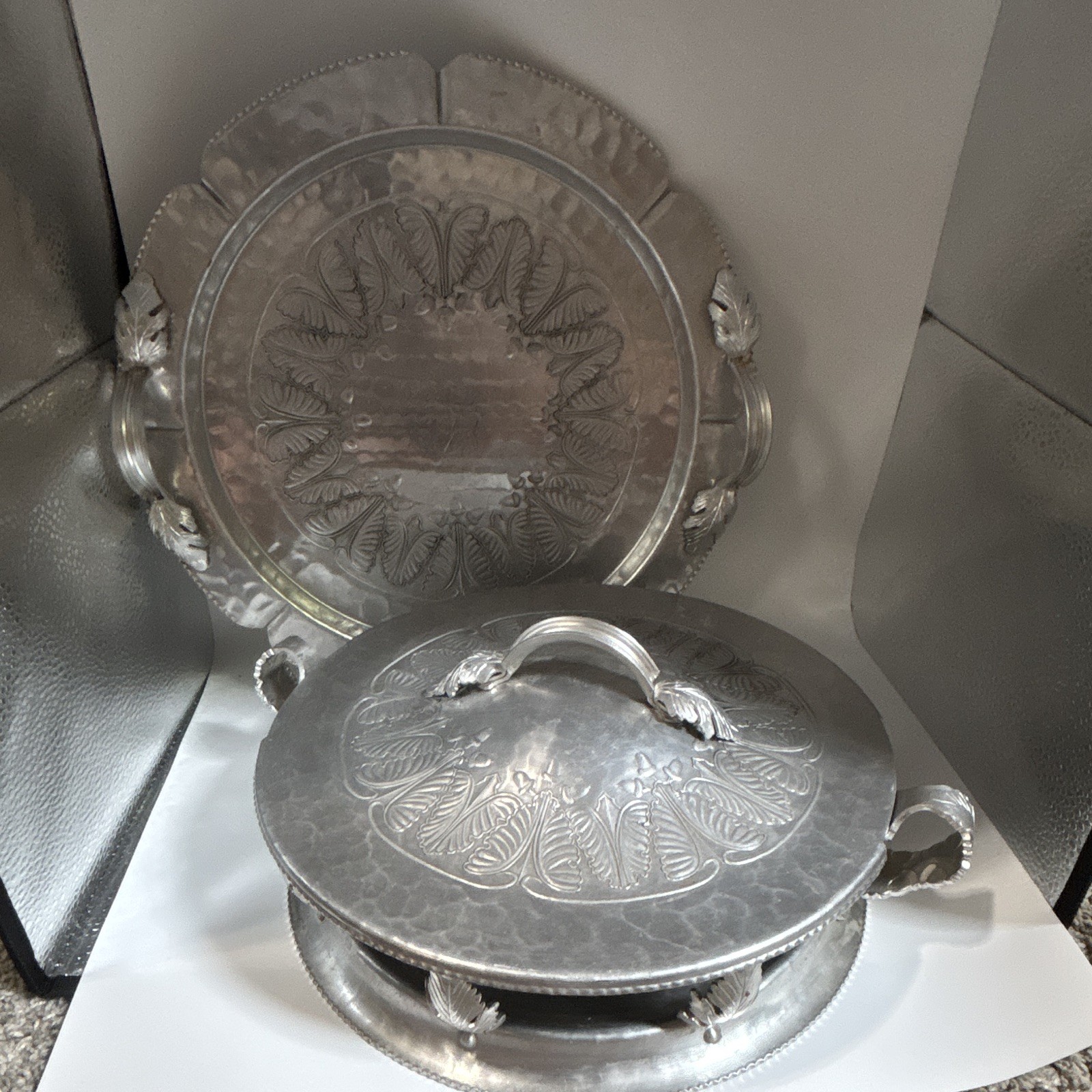 Vintage  Silverlook 12” Hammered Aluminum Maple Leaf Tray & Casserole Dish