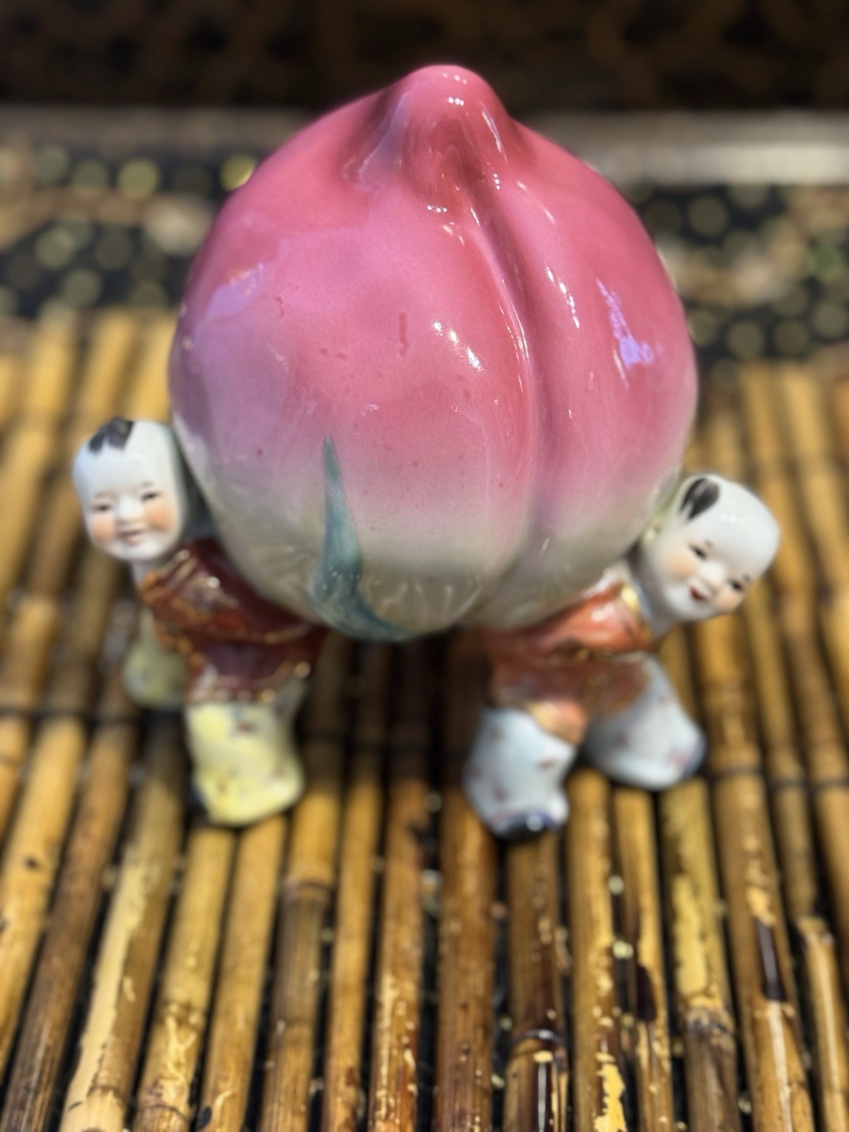 3 Boys Holding Longevity Peach Vintage Chinese Porcelain Figurine Statue