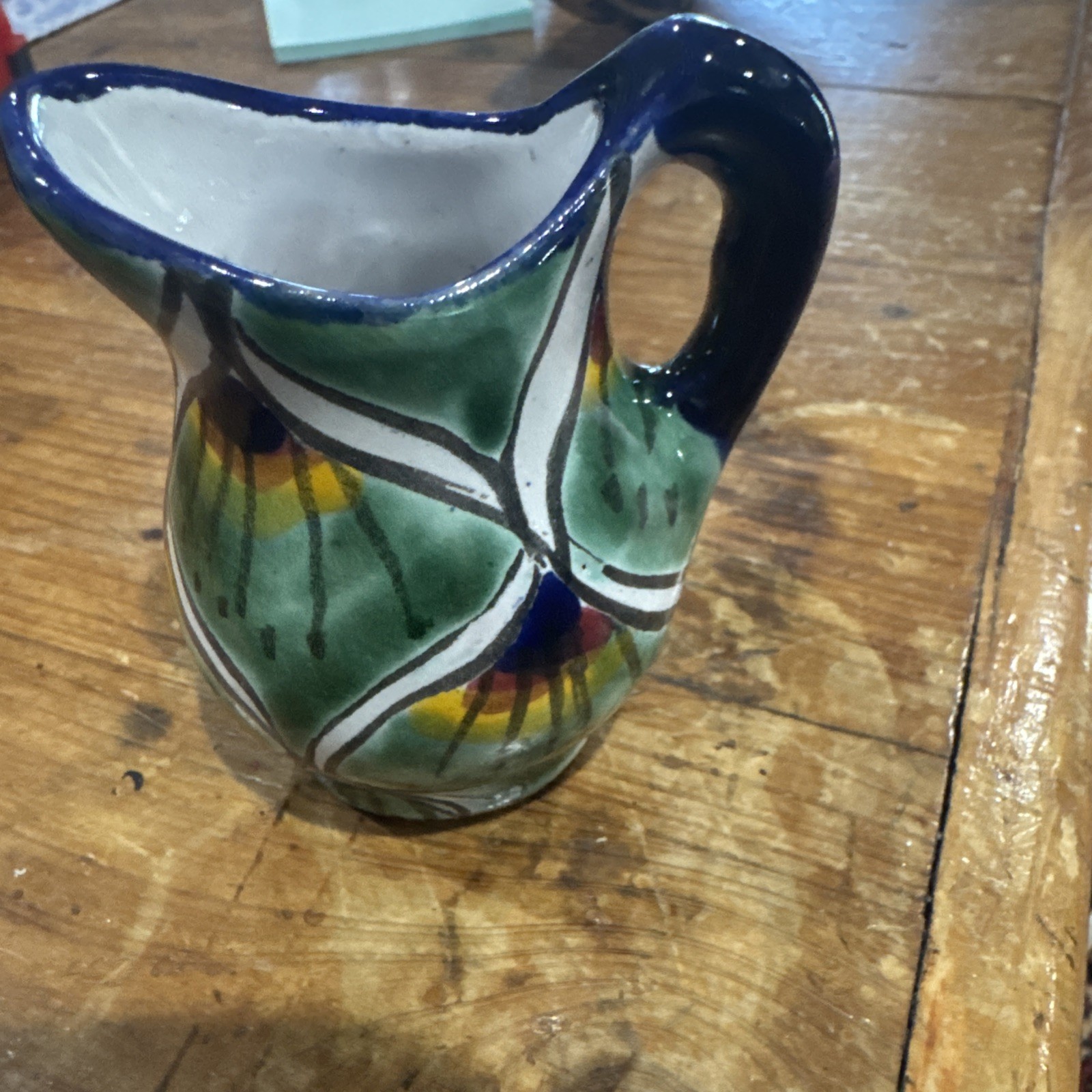 Mexican Talavera Folk Art Pottery Mini Pitcher Green Peacock Design 2 1/2”