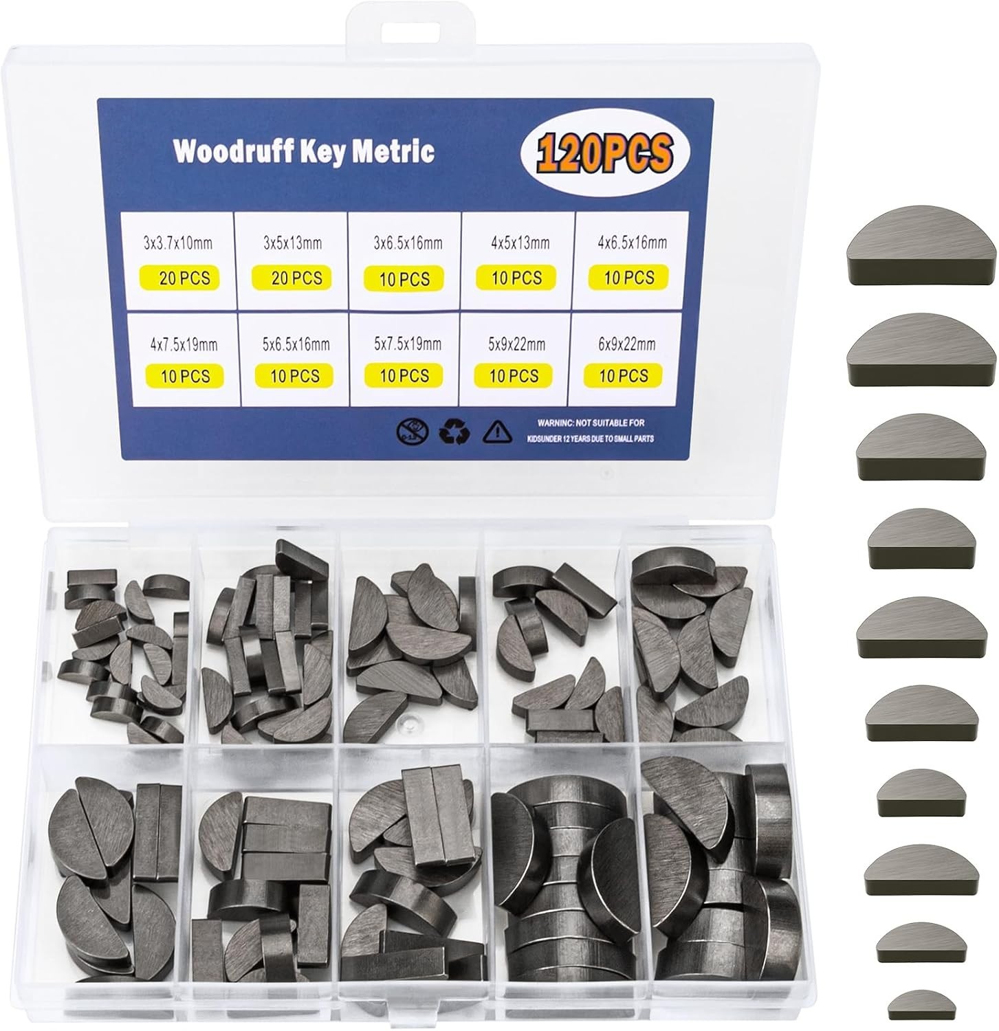 120pcs Woodruff Key Assortment Kit, 10 Popular Sizes of Half Moon Keys, Keyway a