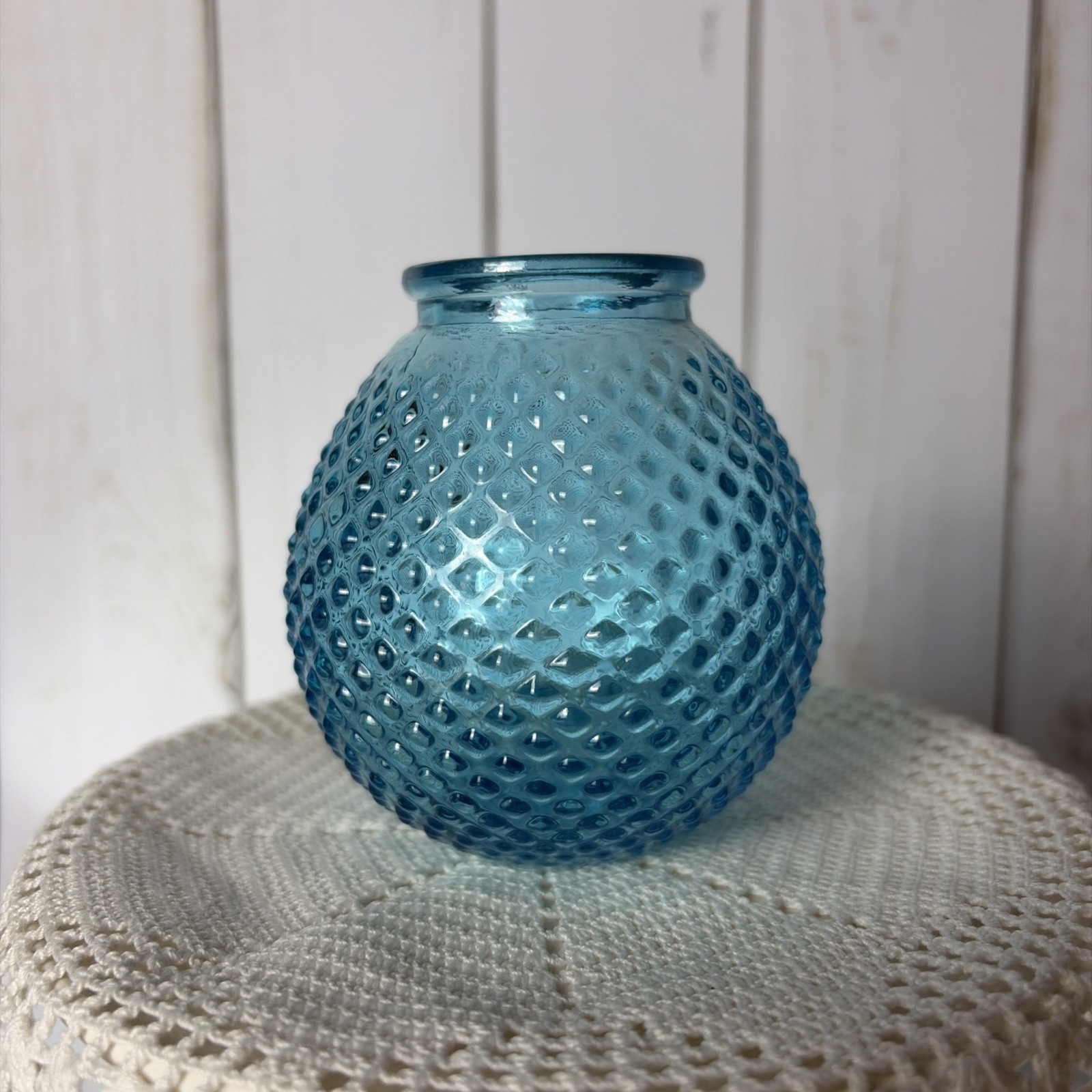 Miniature Turquoise Blue Hobnail Pressed Glass Vase 3 inches high 
