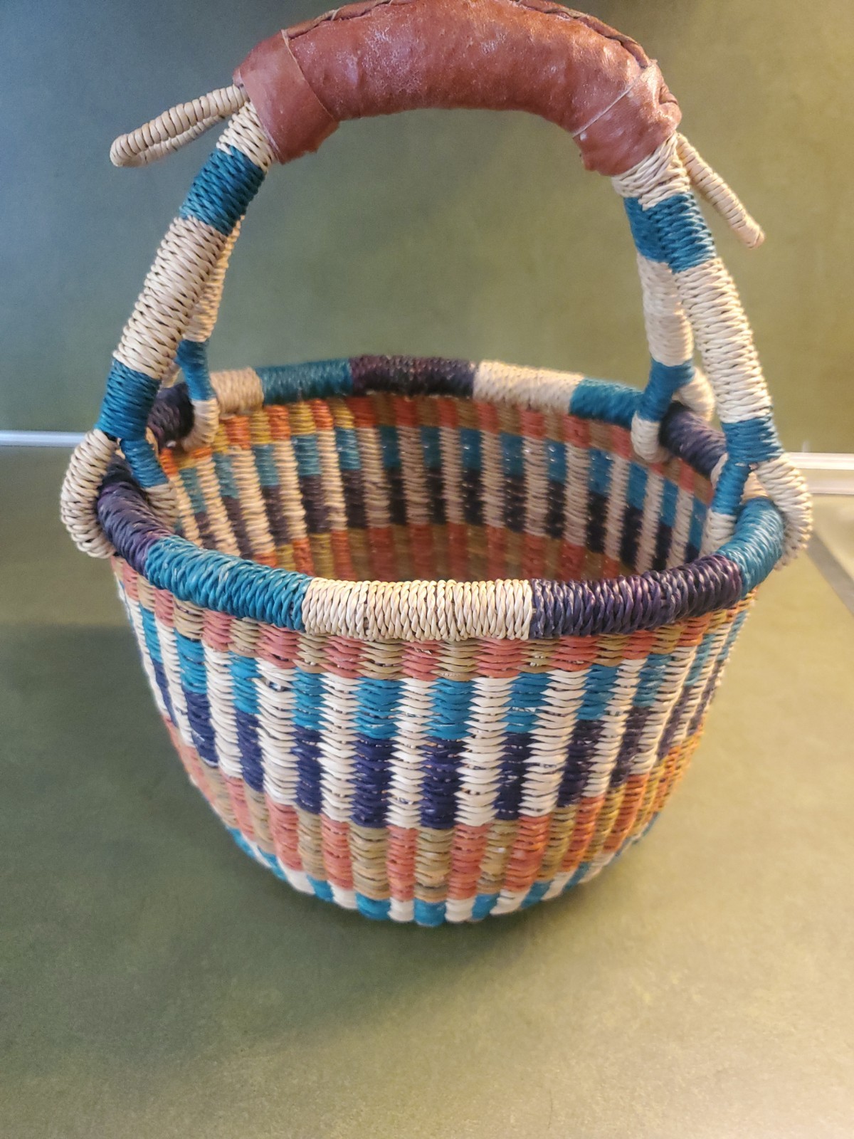 Handwoven Vintage Bolga Basket From Ghana Leather Wrapped Handle 9x11 Multicolor Handwoven Vintage Bolga Basket From Ghana Leather Wrapped Handle 9x11 Multicolor