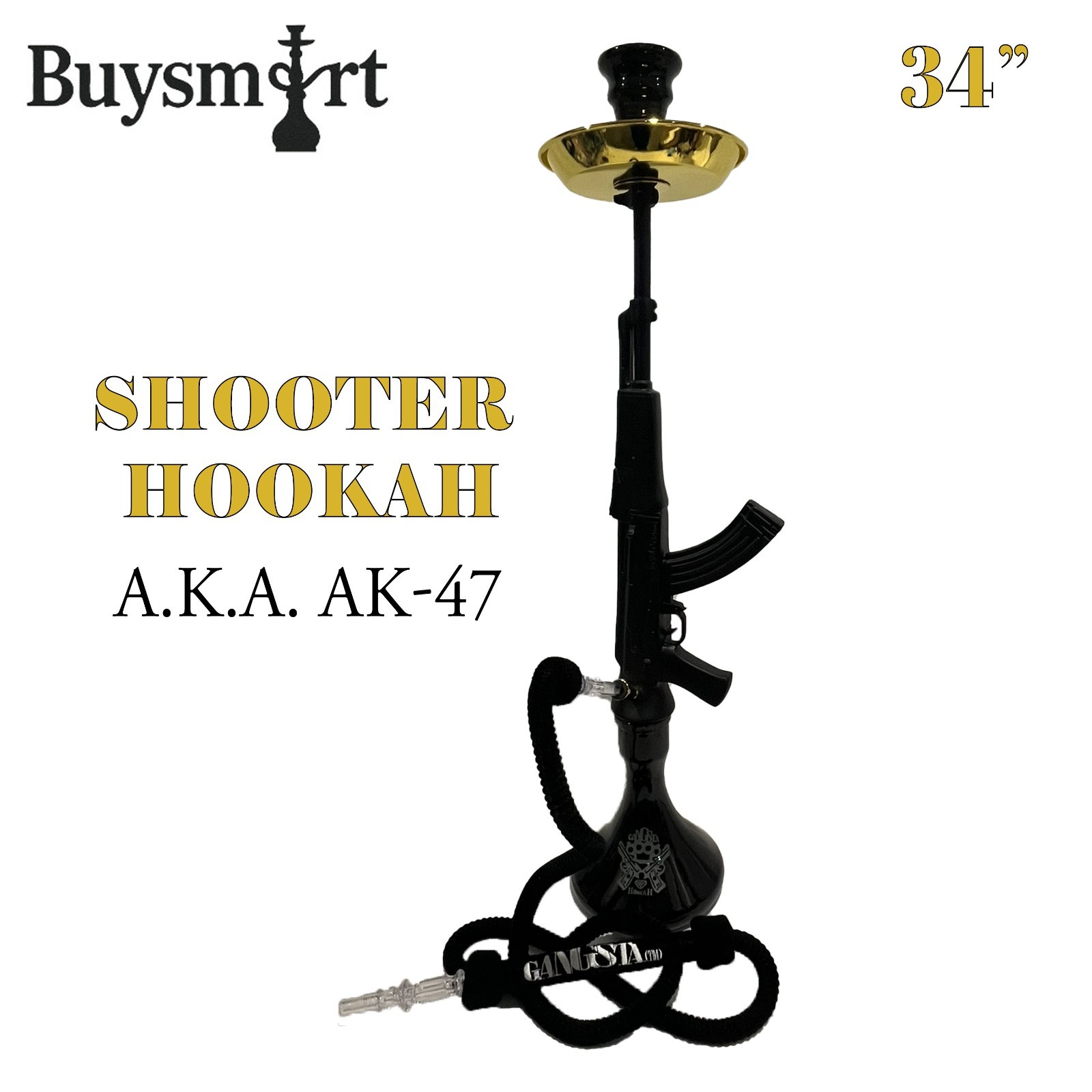 34” Shooter Hookah – A.K.A. “AK-47” | Black & Gold | Single-Hose Shisha Set