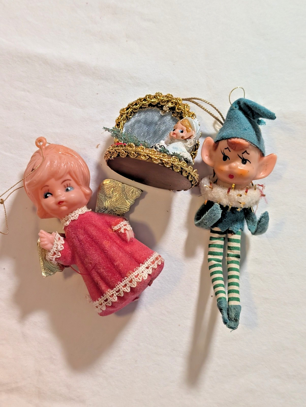 THREE Vintage Christmas Ornaments: Green Knee Hugger Elf, Flocked Angel, Mirror THREE Vintage Christmas Ornaments: Green Knee Hugger Elf, Flocked Angel, Mirror