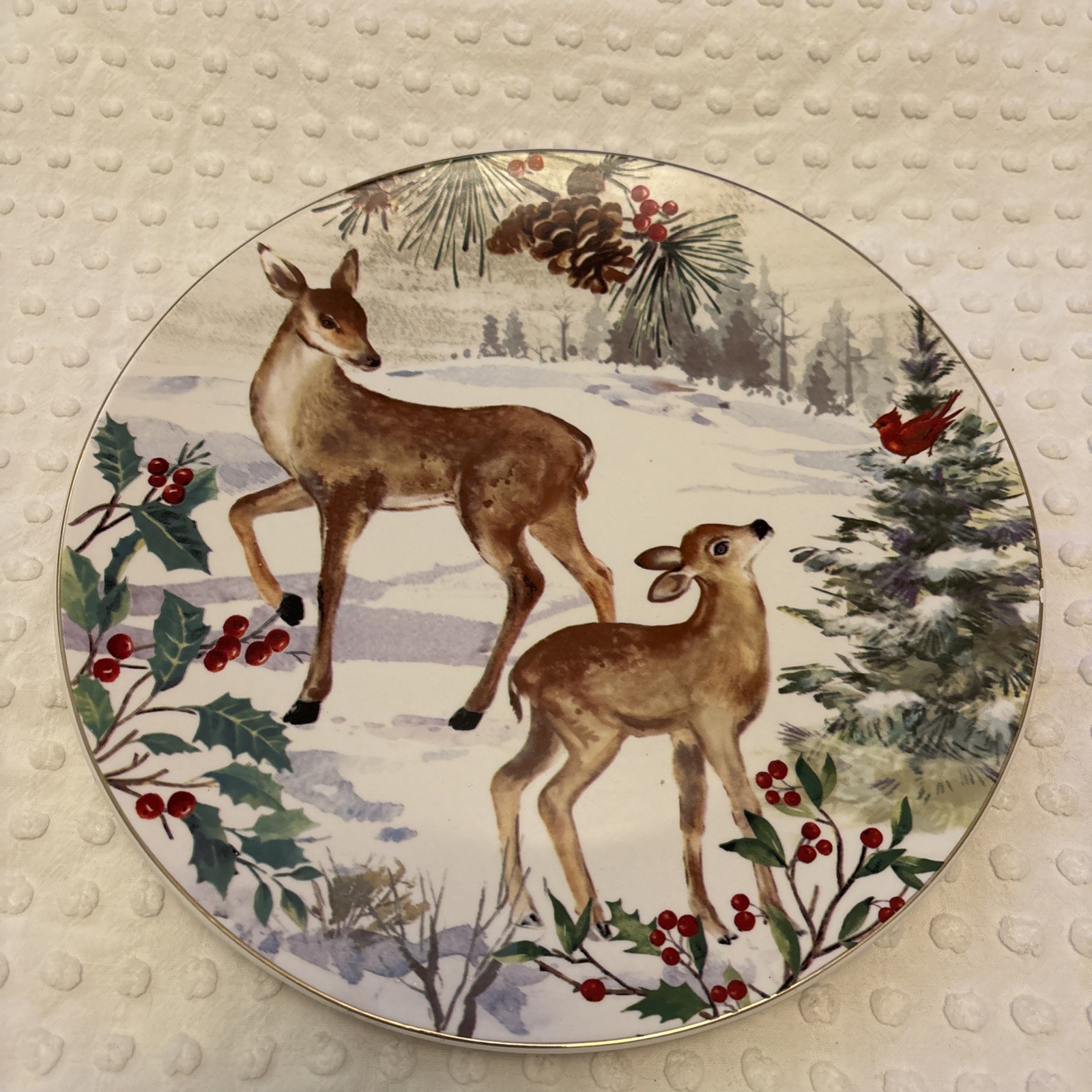 Robert Stanley Deer Fawn Christmas 10.5 In Plate Gold Trim Cardinal Holly Woods