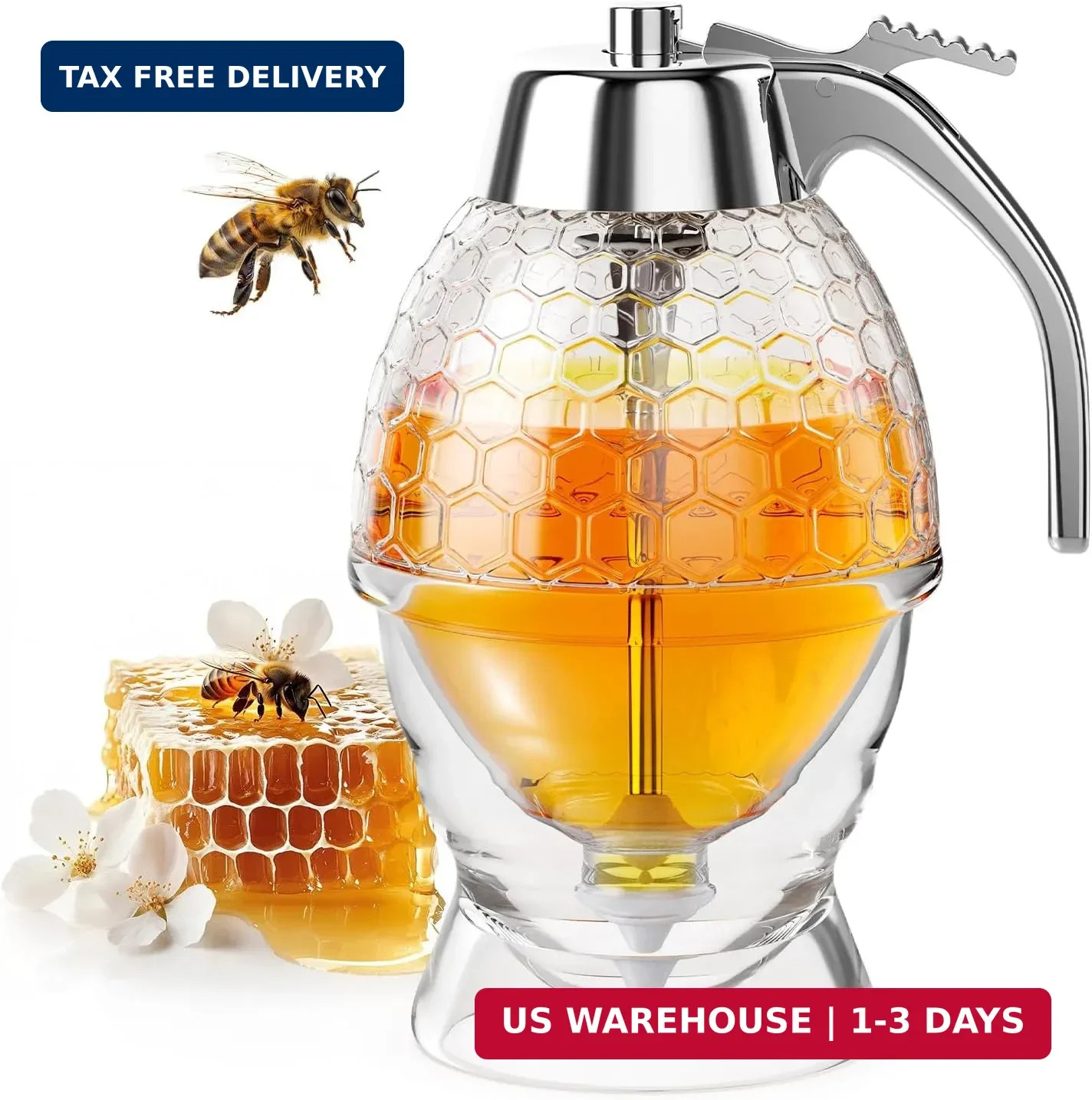Honey Dispenser No Drip Glass 8 oz with Plastic Top, Beautiful Honeycomb Shaped Honey Dispenser No Drip Glass 8 oz with Plastic Top, Beautiful Honeycomb Shaped
