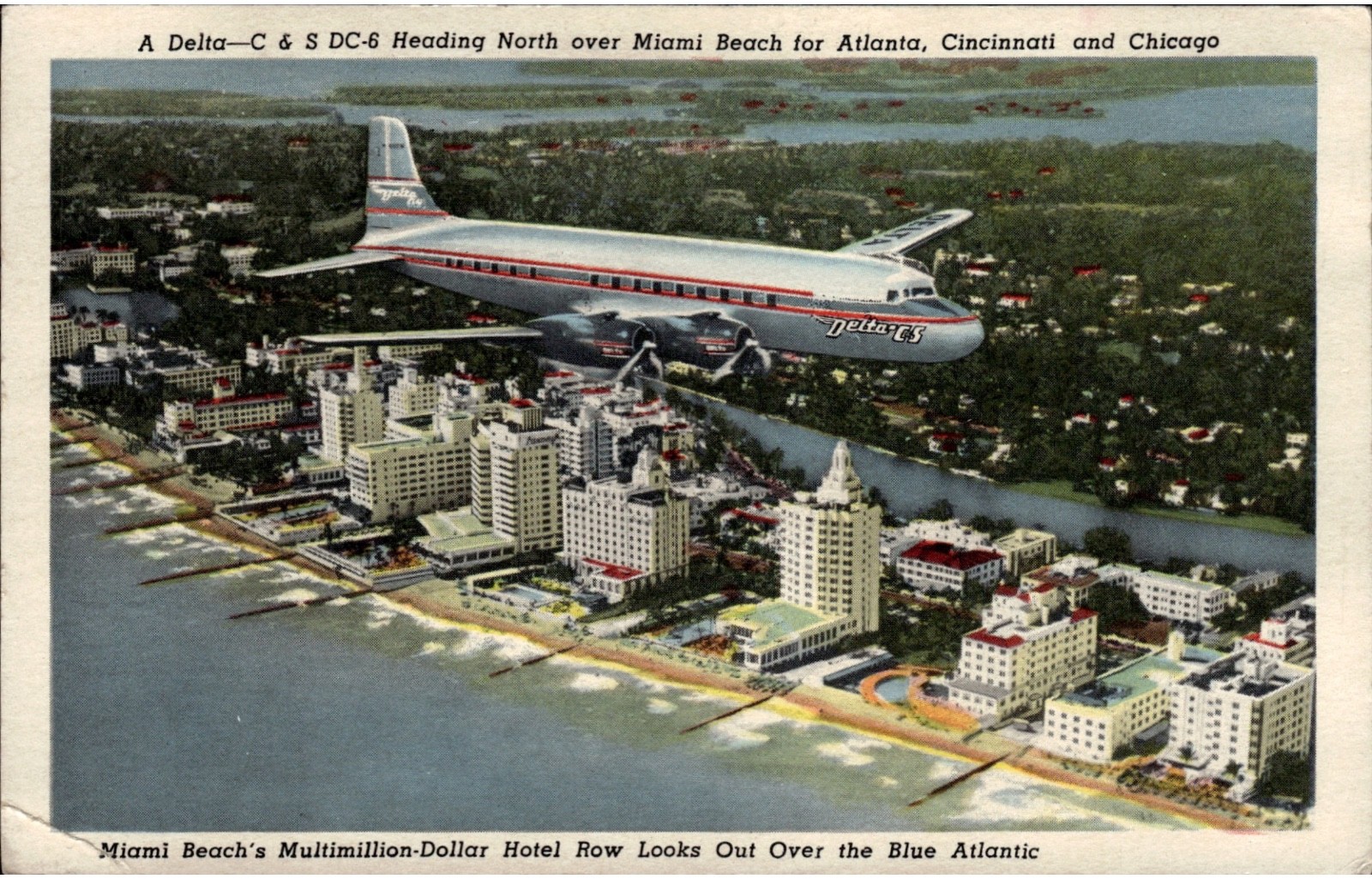 Delta C S DC 6 over Miami Beach Florida Hotel Row Linen Postcard