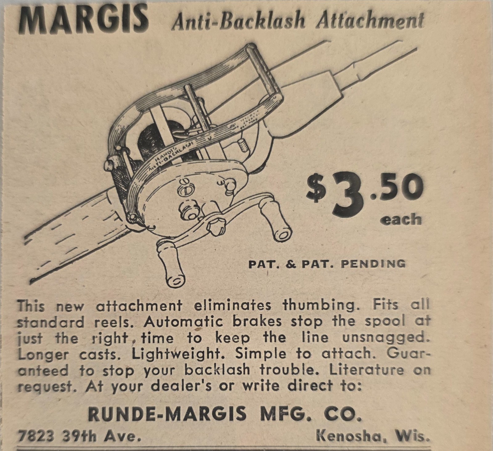 1947 Print Ad Margis Anti-Backlash Attachment Bait Cast Fishing Reels Kenosha,WI