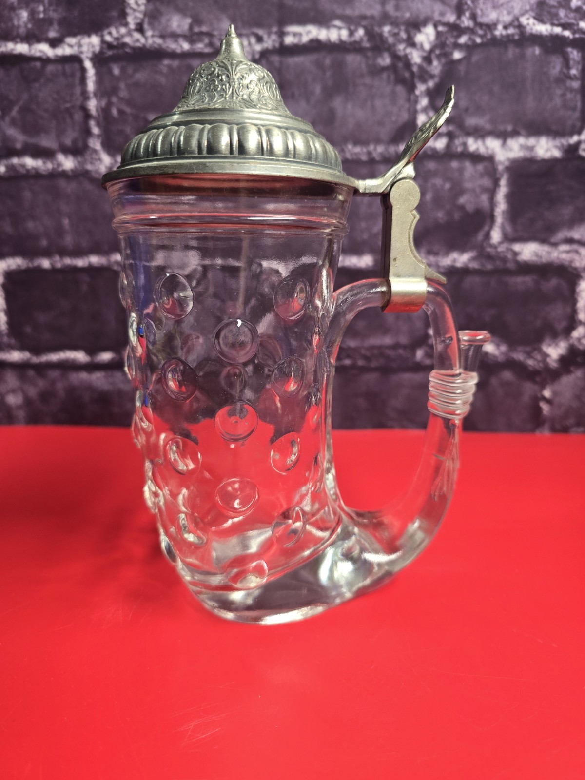 Hobnail Glass Viking Horn Beer Stein with Pewter Lid BMF N Made in West Germany