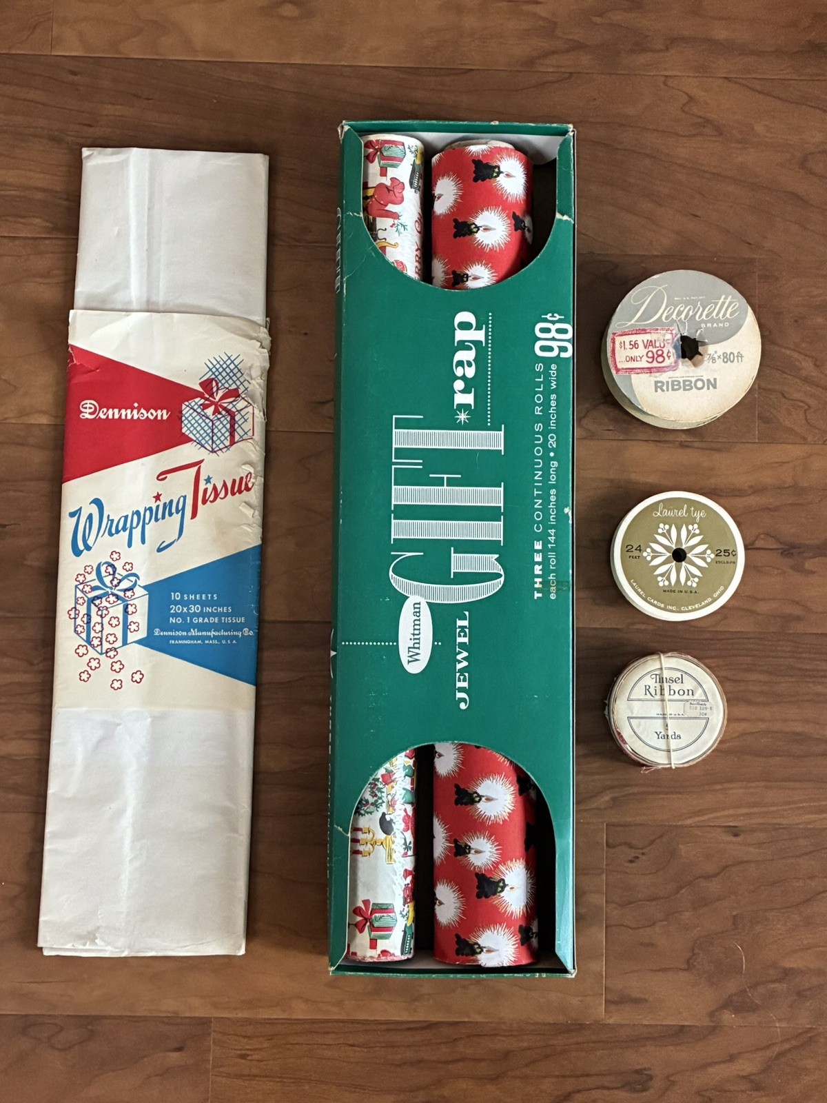 Vintage Christmas Gift Wrap Tissue Ribbon Rolls Craft Ephemera Lot MCM