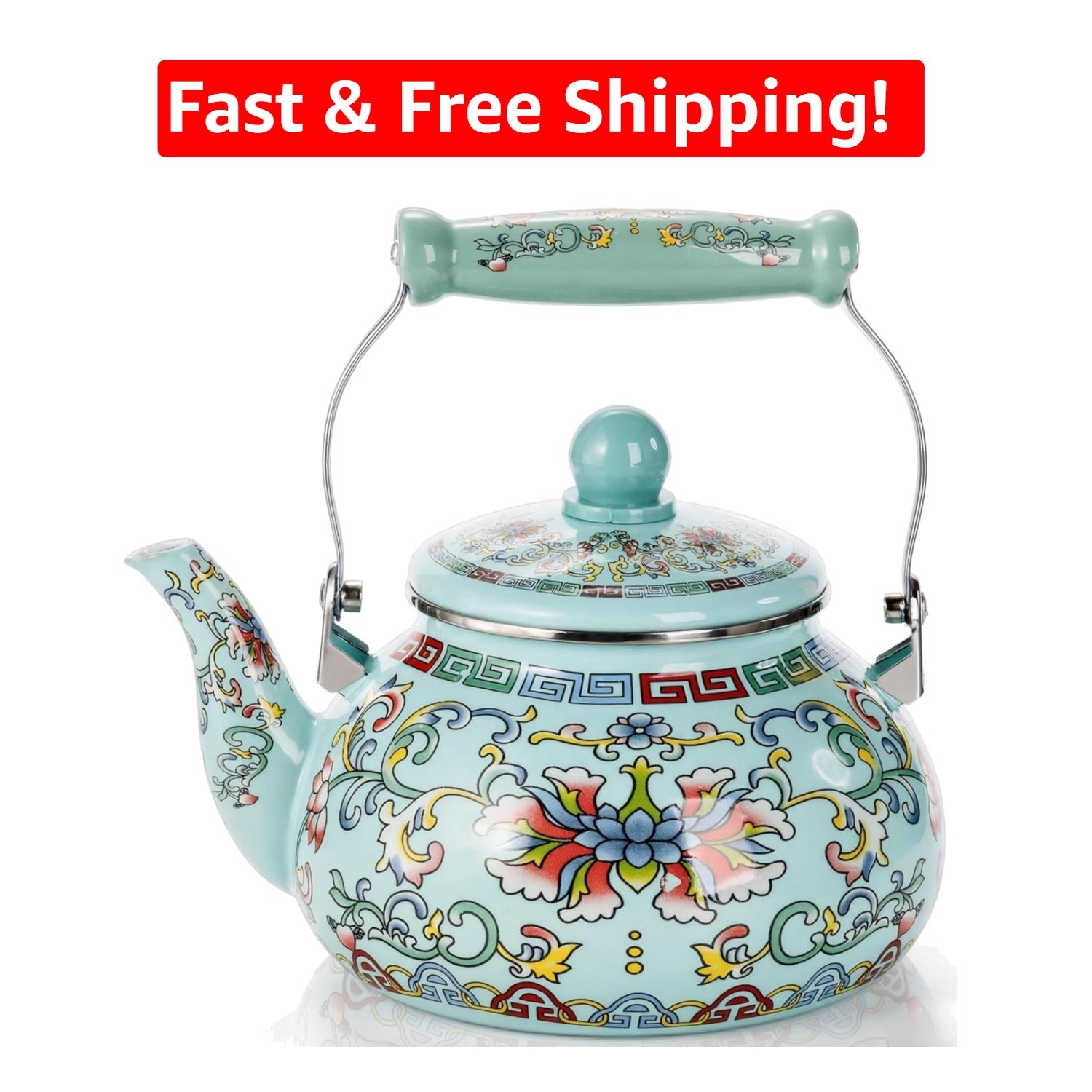 2.6 Quart Vintage Floral Enamel Tea Kettle with Ceramic Handle - Safe & Elegant