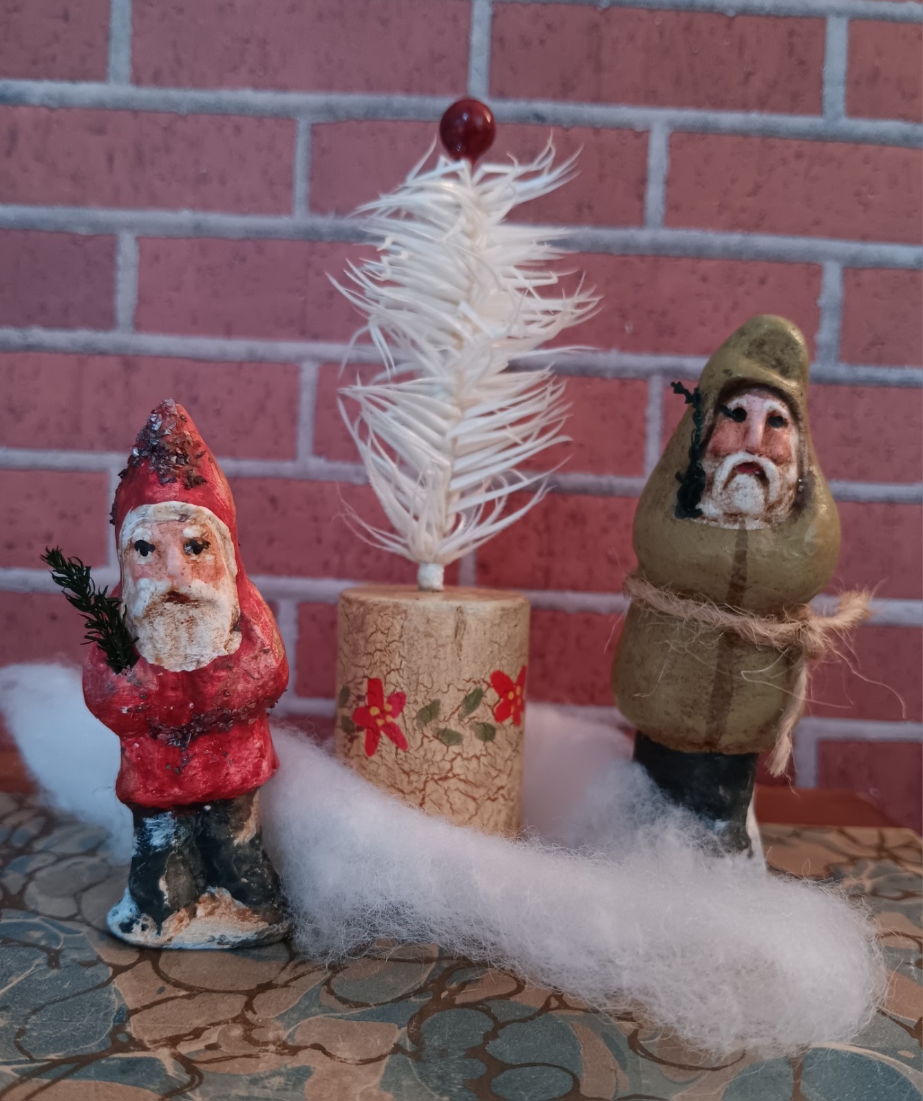 #2 Tiny Vintage Chalkware Belsnickel (s) With Feather Tree, Painted Crackle Base #2 Tiny Vintage Chalkware Belsnickel (s) With Feather Tree, Painted Crackle Base